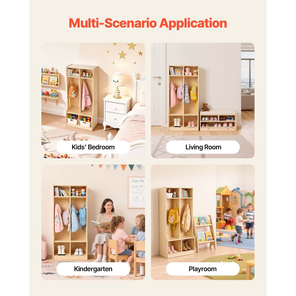 VEVOR Armario de Abrigos para Niños 2 Secciones, Organizador de Madera con 4 Ganchos, Armario con 4 Cubículos de Almacenamiento para Hogar, Guardería, Escuela, Preescolar, 114,7 x 31,7 x 90,8 cm
