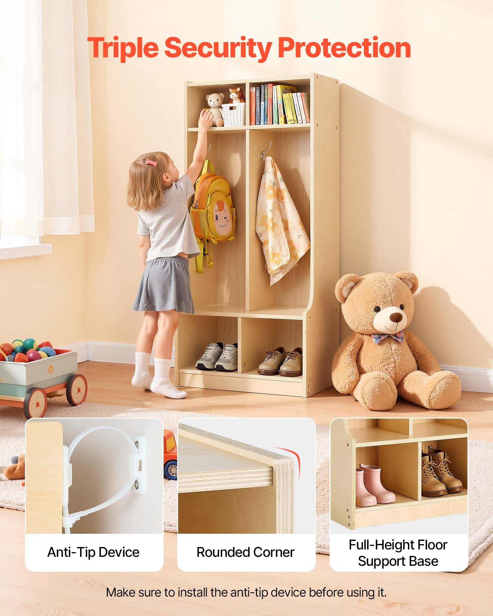 VEVOR Armario de Abrigos para Niños 2 Secciones, Organizador de Madera con 4 Ganchos, Armario con 4 Cubículos de Almacenamiento para Hogar, Guardería, Escuela, Preescolar, 114,7 x 31,7 x 90,8 cm