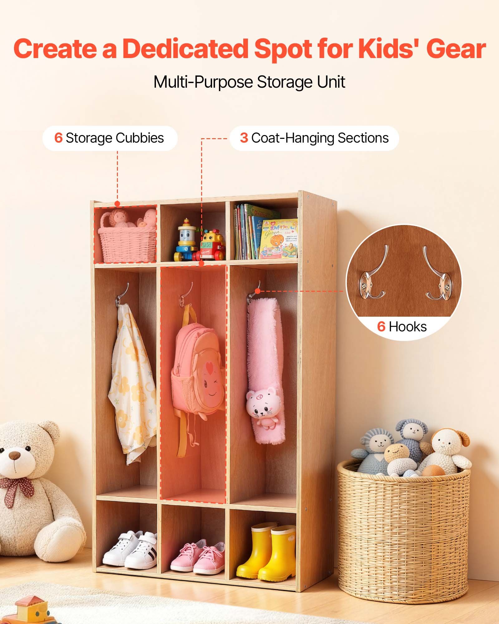 VEVOR Armario de Abrigos para Niños 3 Secciones, Organizador de Madera con 6 Ganchos, Armario con 6 Cubículos de Almacenamiento para Hogar, Guardería, Escuela, Preescolar, 69,8 x 31,5 x 116 cm