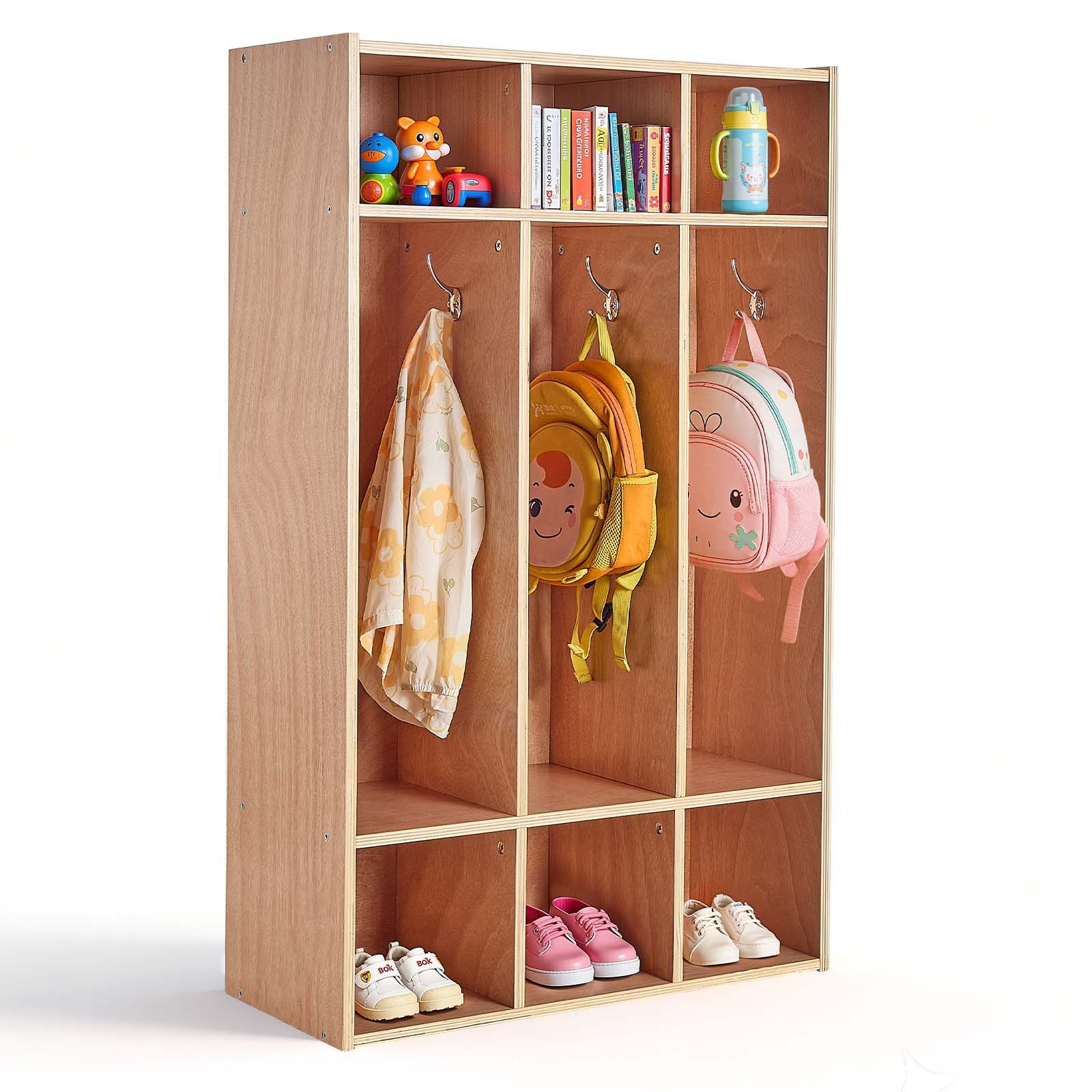 VEVOR Armario de Abrigos para Niños 3 Secciones, Organizador de Madera con 6 Ganchos, Armario con 6 Cubículos de Almacenamiento para Hogar, Guardería, Escuela, Preescolar, 69,8 x 31,5 x 116 cm