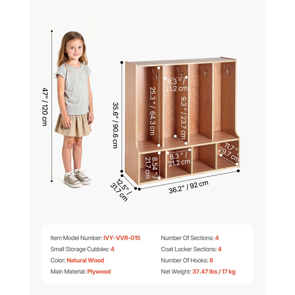 VEVOR Armario de Abrigos para Niños 4 Secciones, Organizador de Madera con 8 Ganchos, Armario con 4 Cubículos de Almacenamiento para Hogar, Guardería, Escuela, Preescolar, 92 x 31,7 x 90,6 cm