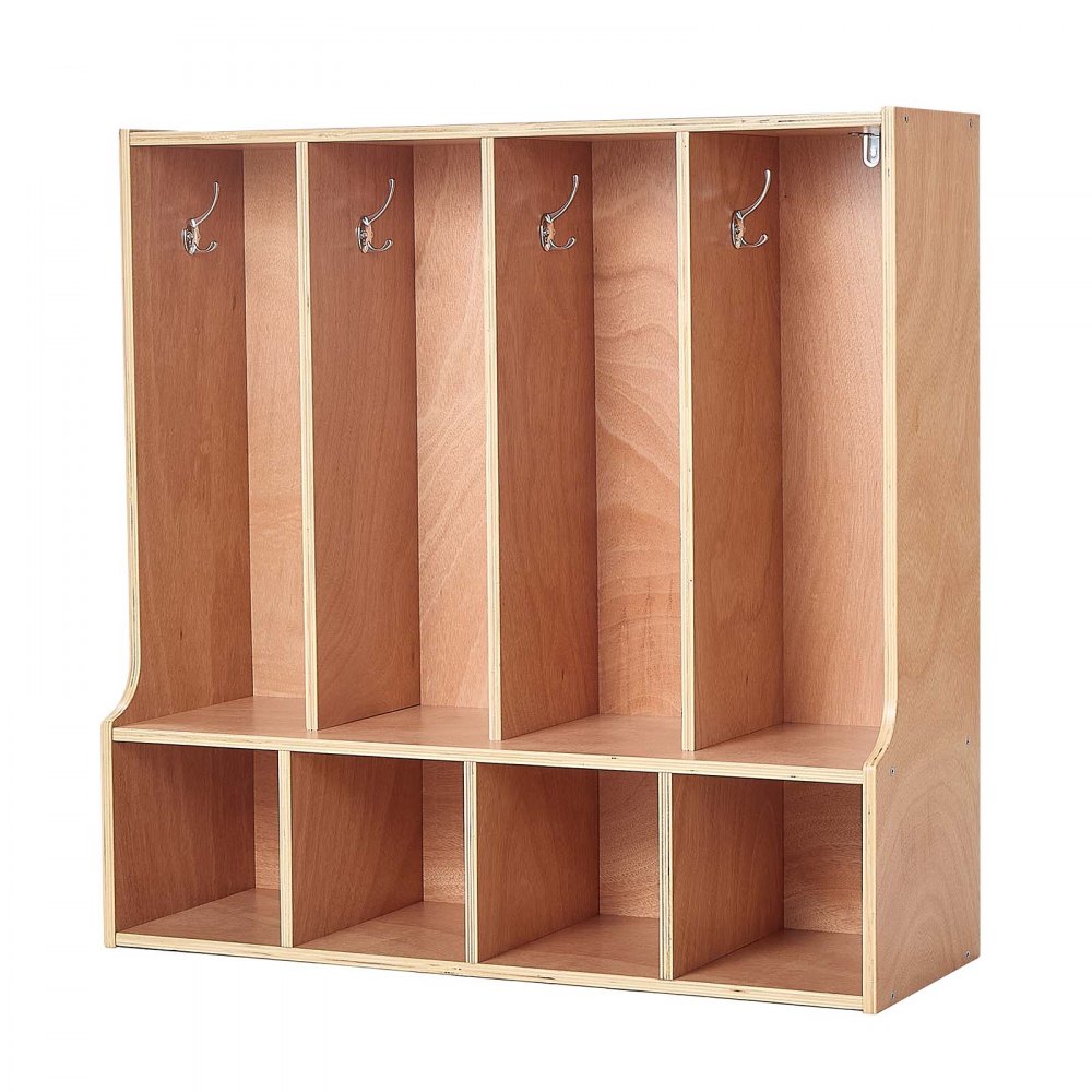 VEVOR Armario de Abrigos para Niños 4 Secciones, Organizador de Madera con 8 Ganchos, Armario con 4 Cubículos de Almacenamiento para Hogar, Guardería, Escuela, Preescolar, 92 x 31,7 x 90,6 cm