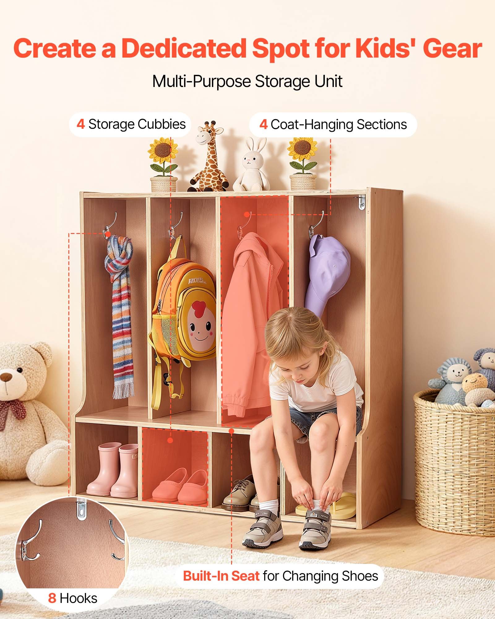 VEVOR Armario de Abrigos para Niños 4 Secciones, Organizador de Madera con 8 Ganchos, Armario con 4 Cubículos de Almacenamiento para Hogar, Guardería, Escuela, Preescolar, 92 x 31,7 x 90,6 cm