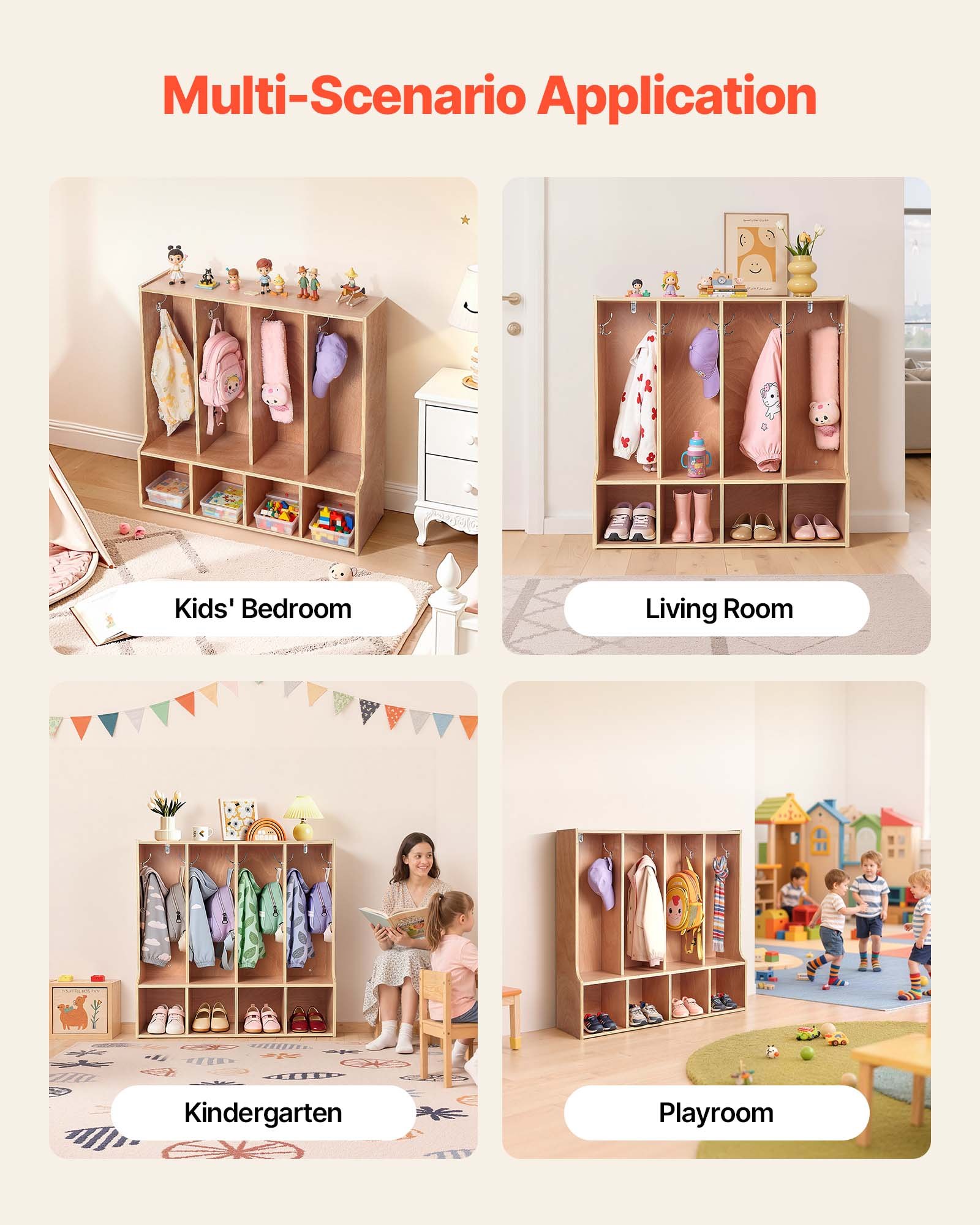 VEVOR Armario de Abrigos para Niños 4 Secciones, Organizador de Madera con 8 Ganchos, Armario con 4 Cubículos de Almacenamiento para Hogar, Guardería, Escuela, Preescolar, 92 x 31,7 x 90,6 cm