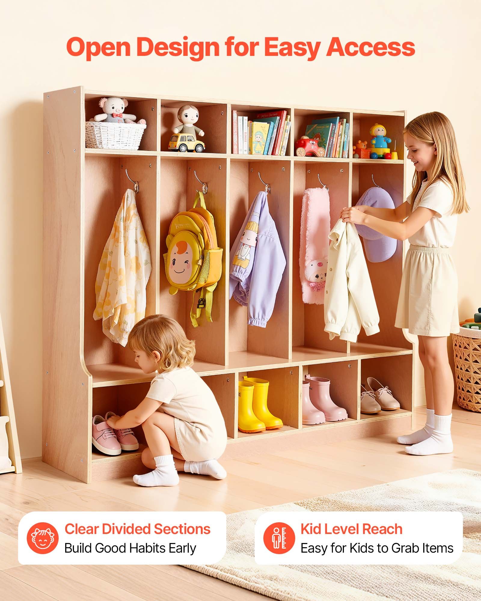VEVOR Armario de Abrigos para Niños 5 Secciones, Organizador de Madera con 10 Ganchos, Armario con 10 Cubículos de Almacenamiento para Hogar, Guardería, Escuela, Preescolar, 136,9 x 33 x 120,9 cm