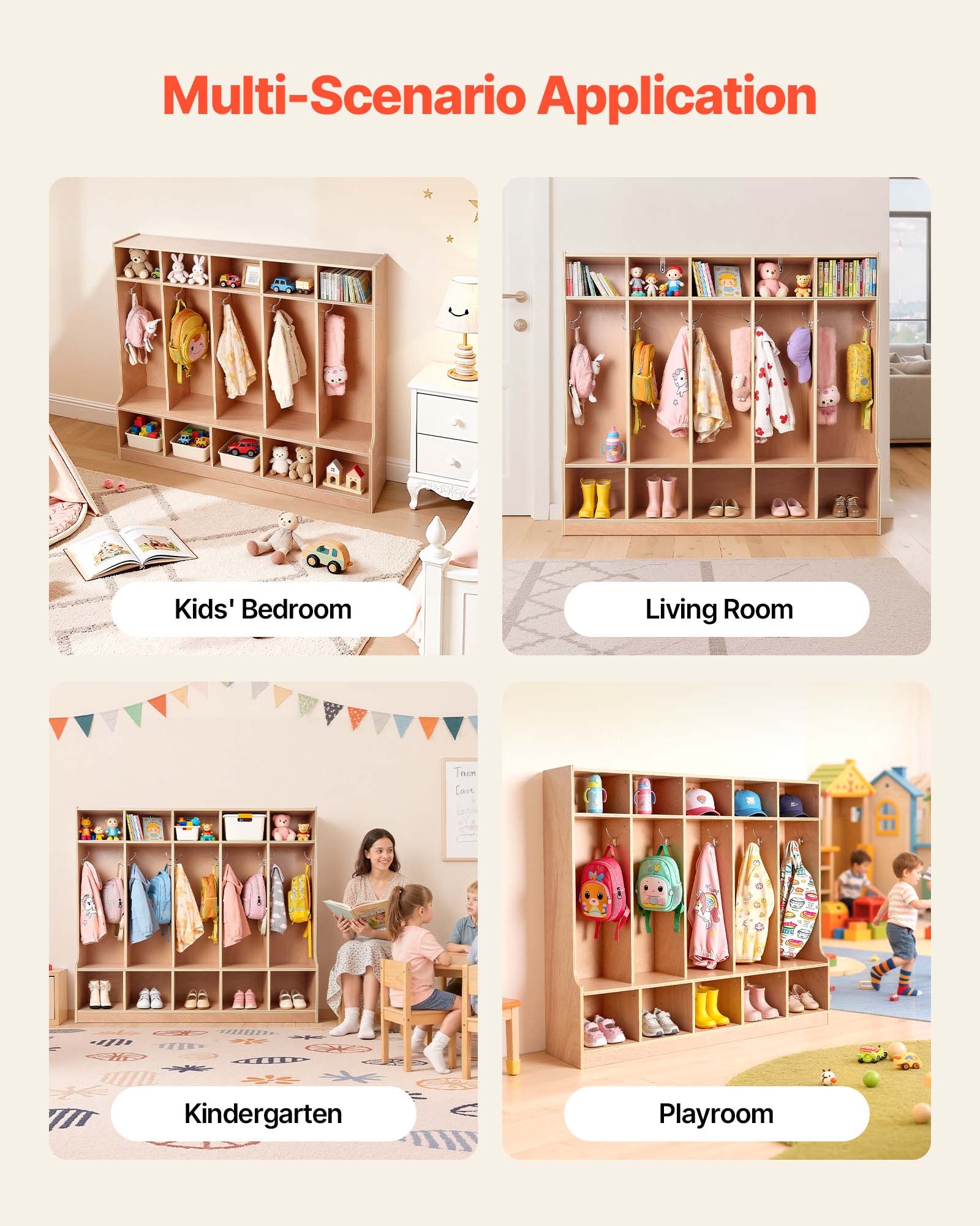 VEVOR Armario de Abrigos para Niños 5 Secciones, Organizador de Madera con 10 Ganchos, Armario con 10 Cubículos de Almacenamiento para Hogar, Guardería, Escuela, Preescolar, 136,9 x 33 x 120,9 cm