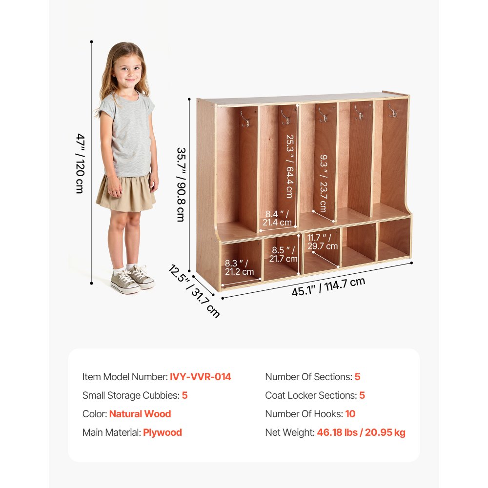 VEVOR Armario de Abrigos para Niños 5 Secciones, Organizador de Madera con 10 Ganchos, Armario con 5 Cubículos de Almacenamiento para Hogar, Guardería, Escuela, Preescolar, 114,7 x 31,7 x 90,8 cm