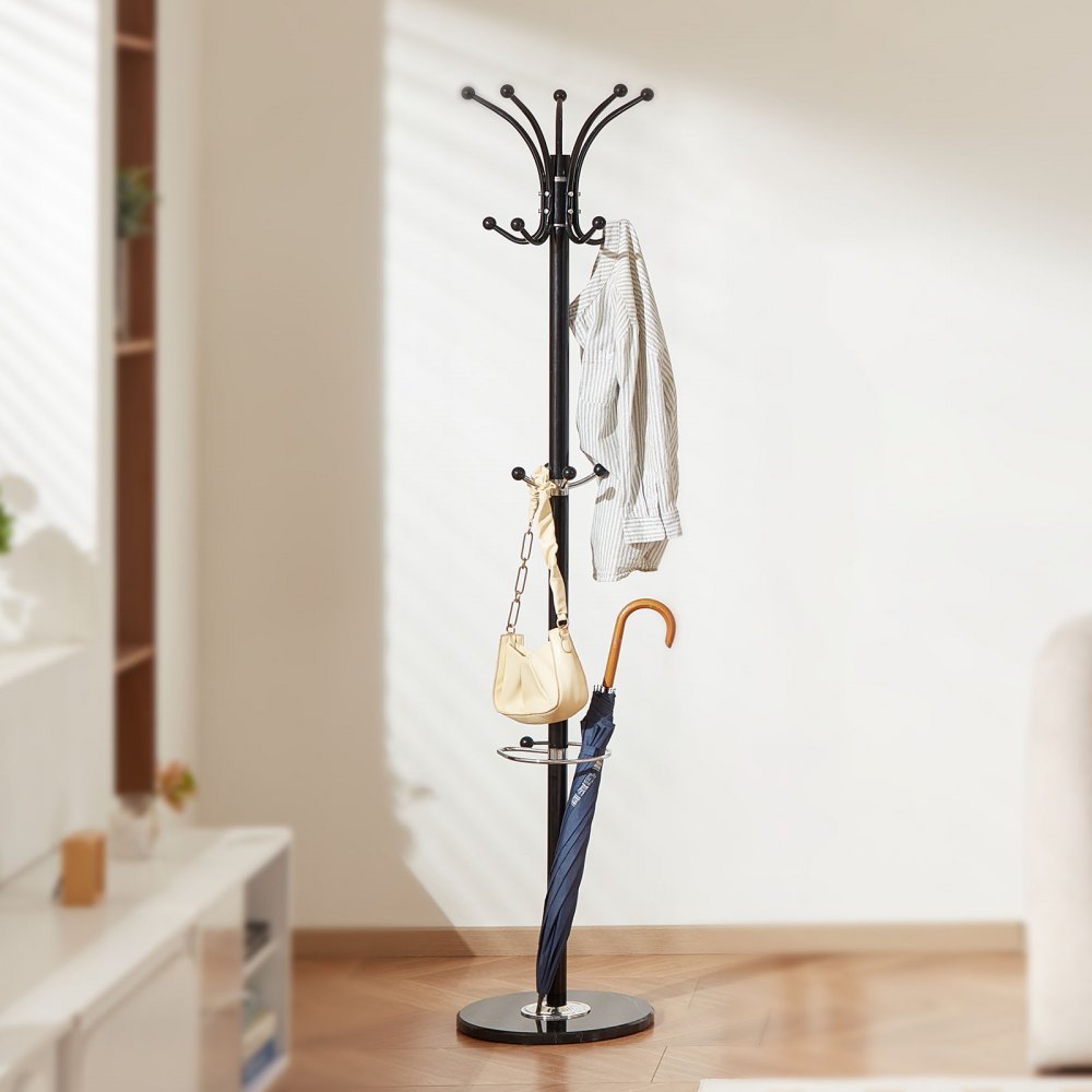 VEVOR Freestanding Coat Rack, Metal Coats Rack Stand with Umbrella Holder, Stable Marble Base & 14 Hooks, Hall Coat Tree for Entryway, Bedroom, Living Room, Stylish Coats Hanger for Hats, Scarves, Bag
