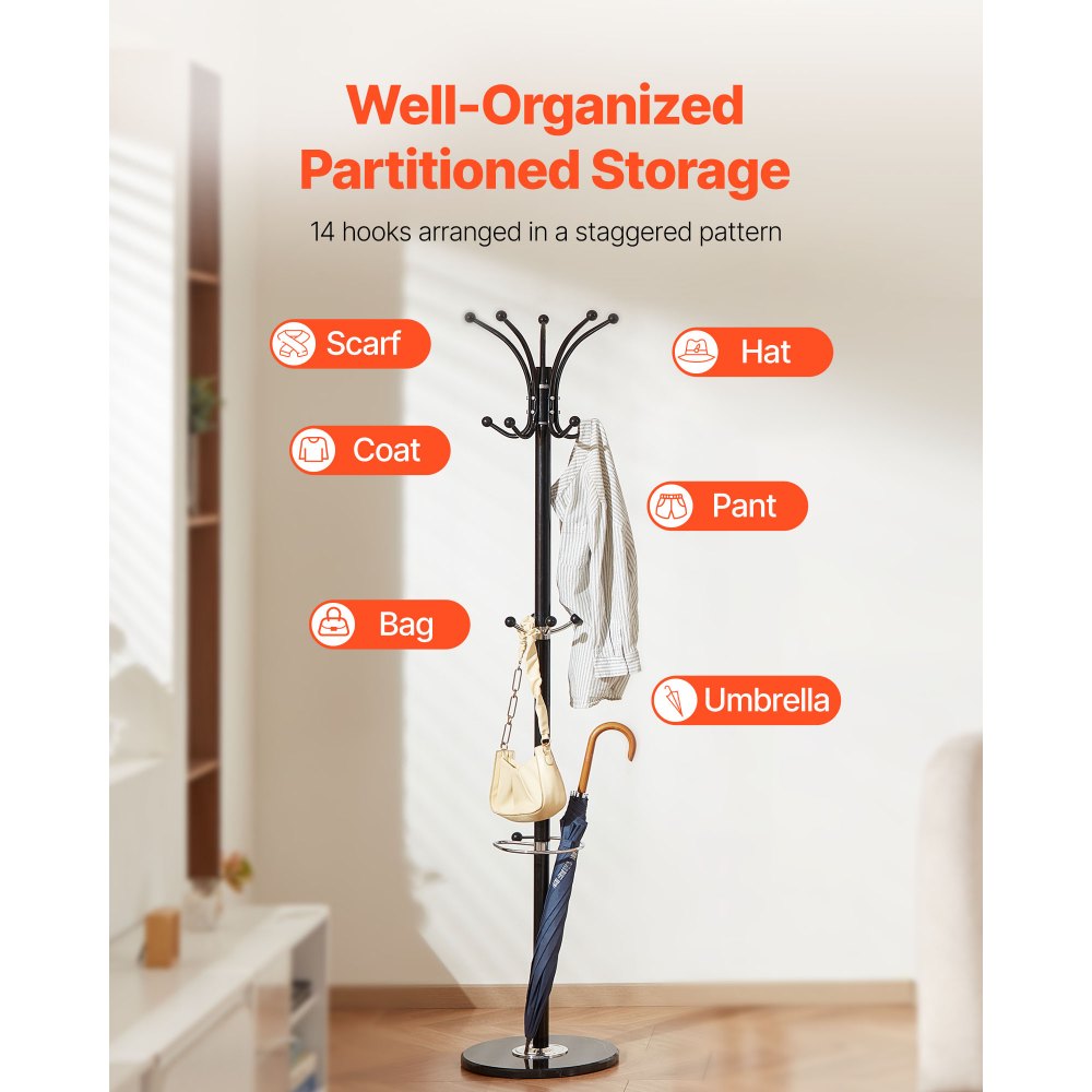 VEVOR Perchero de Pie de Metal, con Soporte para Paraguas, Base de Mármol Estable y 14 Ganchos, Ideal para Entrada, Dormitorio y Sala de Estar, Elegante Perchero para Sombreros, Bufandas y Bolsos