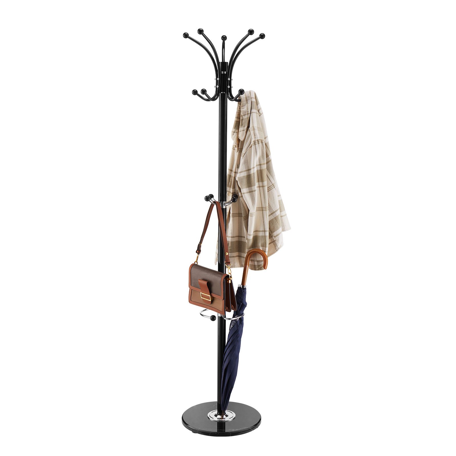 VEVOR Freestanding Coat Rack, Metal Coats Rack Stand with Umbrella Holder, Stable Marble Base & 14 Hooks, Hall Coat Tree for Entryway, Bedroom, Living Room, Stylish Coats Hanger for Hats, Scarves, Bag