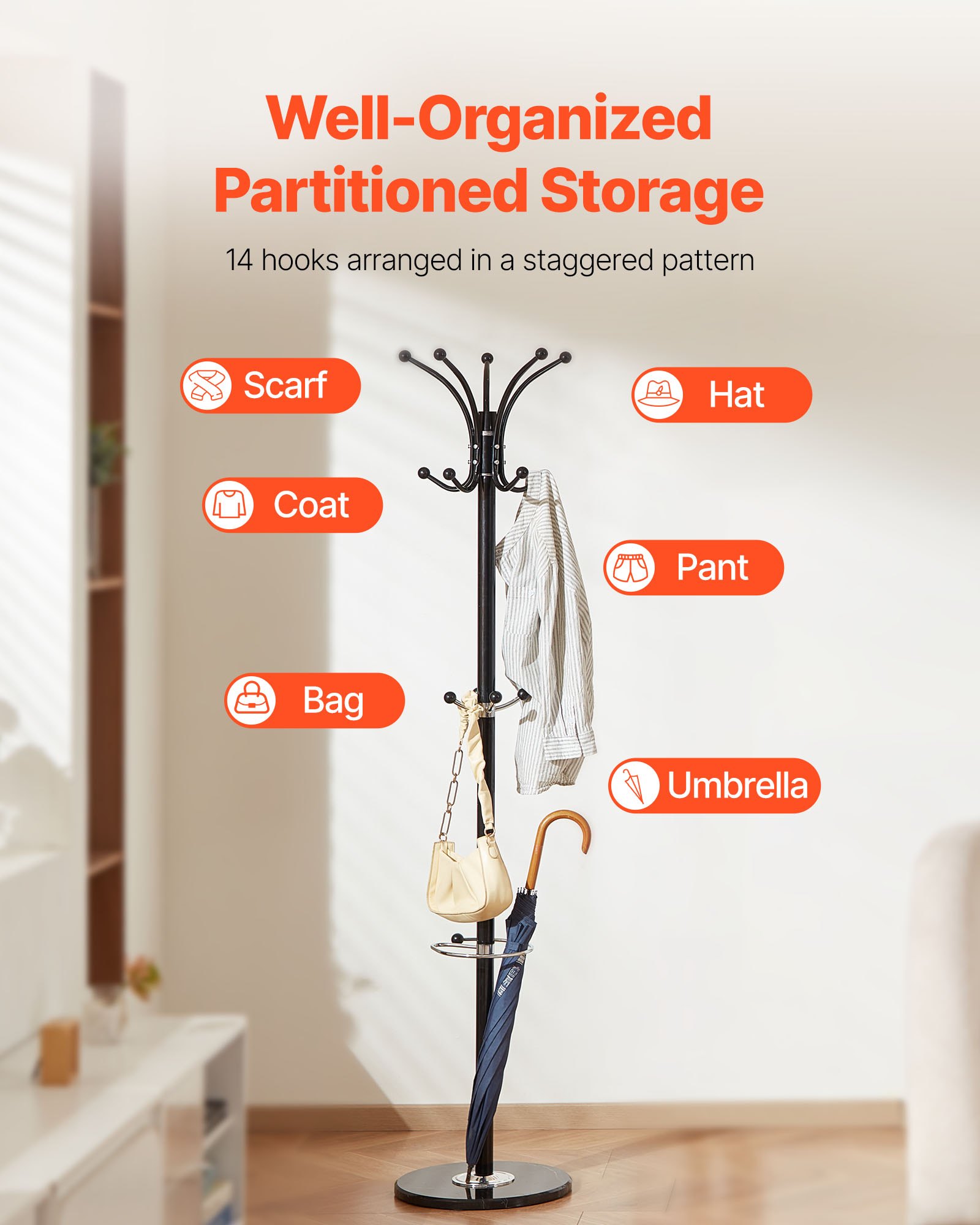 VEVOR Perchero de Pie de Metal, con Soporte para Paraguas, Base de Mármol Estable y 14 Ganchos, Ideal para Entrada, Dormitorio y Sala de Estar, Elegante Perchero para Sombreros, Bufandas y Bolsos