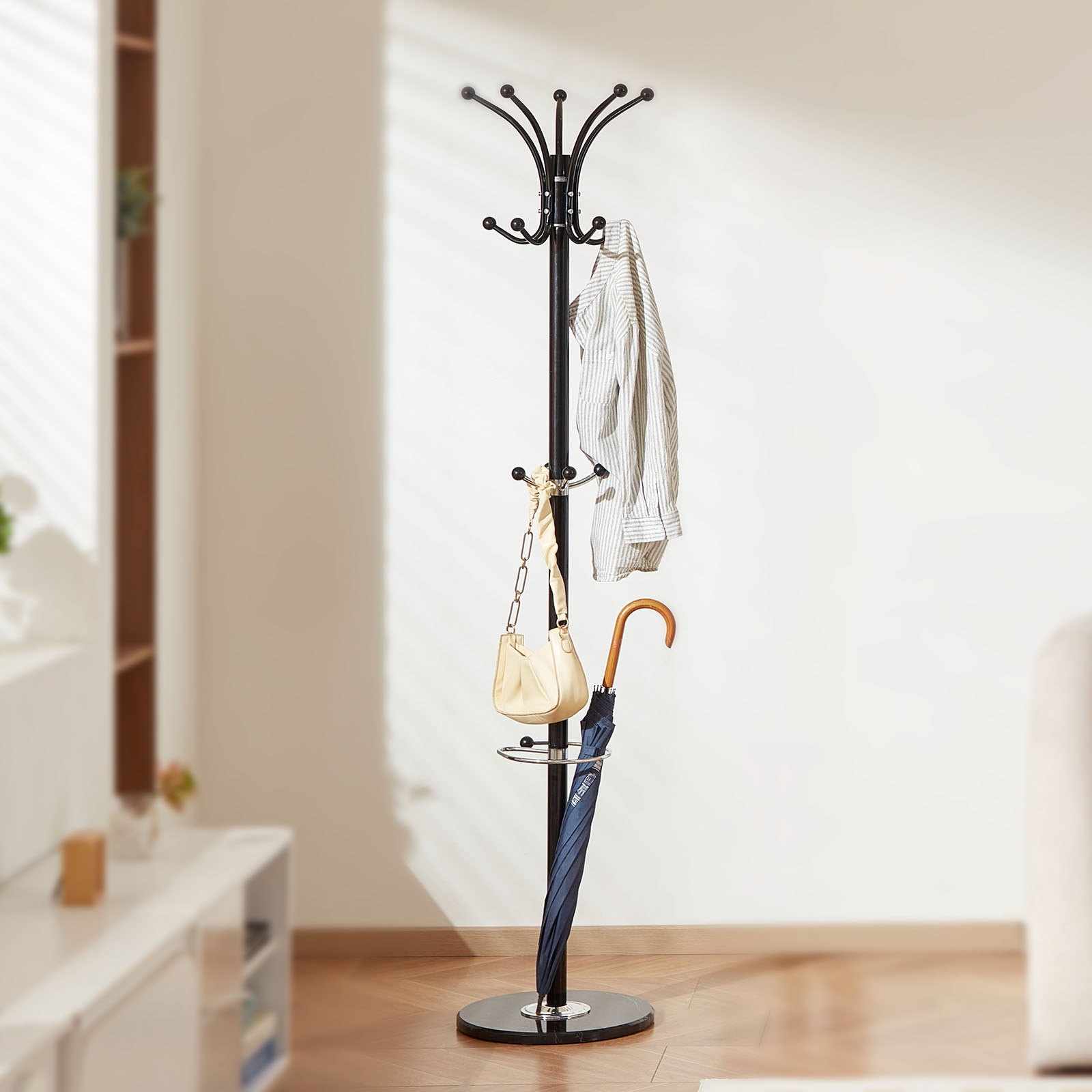 VEVOR Perchero de Pie de Metal, con Soporte para Paraguas, Base de Mármol Estable y 14 Ganchos, Ideal para Entrada, Dormitorio y Sala de Estar, Elegante Perchero para Sombreros, Bufandas y Bolsos