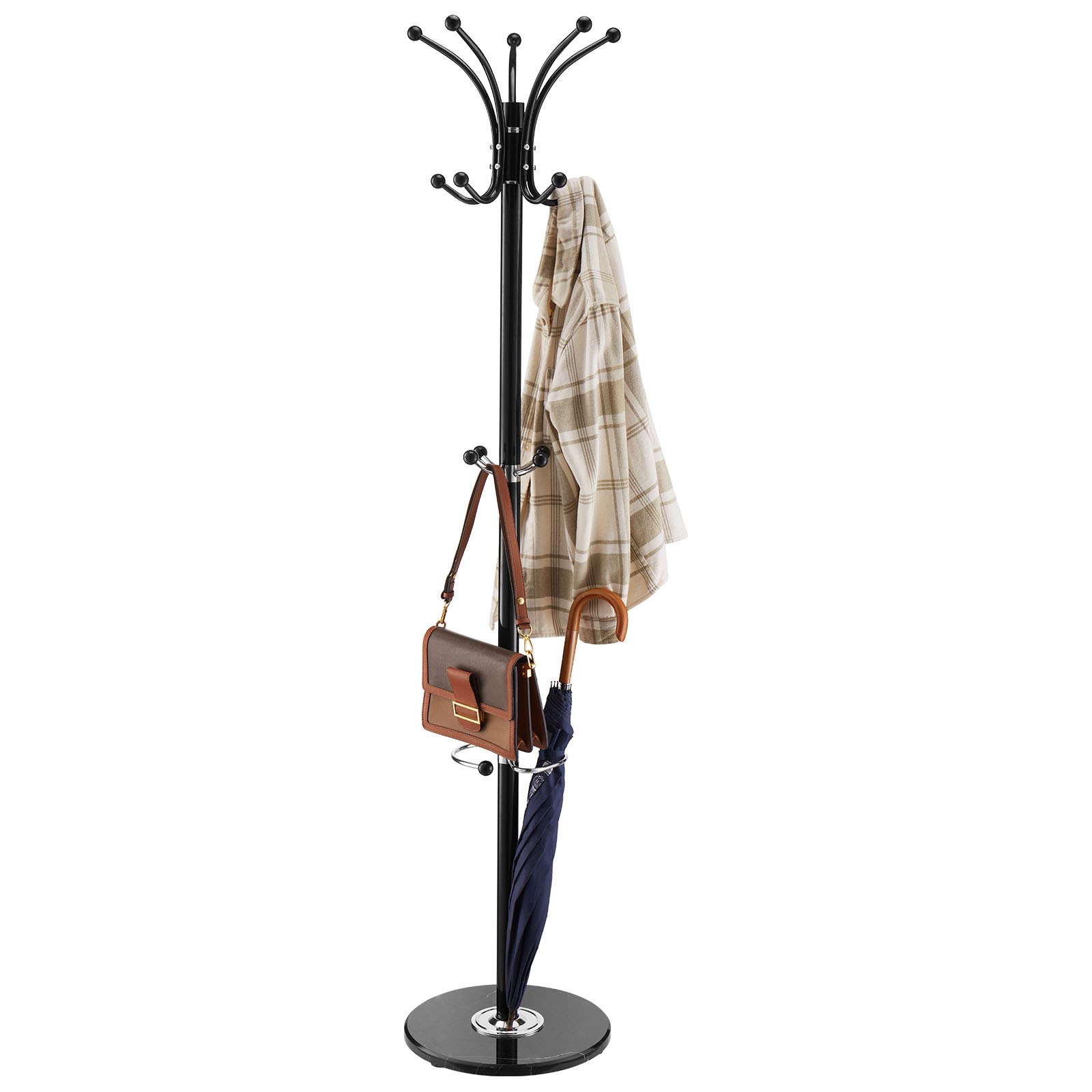 VEVOR Perchero de Pie de Metal, con Soporte para Paraguas, Base de Mármol Estable y 14 Ganchos, Ideal para Entrada, Dormitorio y Sala de Estar, Elegante Perchero para Sombreros, Bufandas y Bolsos