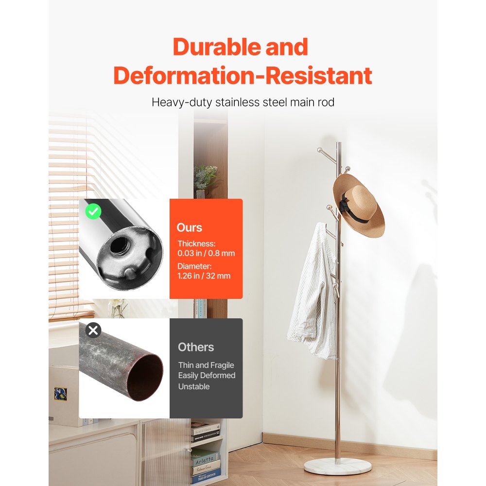 VEVOR Coat Rack, Freestanding Coats Rack Stand with Stable Marble Base & 8 Hooks, Free Standing Hall Coat Tree for Entryway, Bedroom, Office, Living Room, Modern Clothes Hanger for Coats, Hats, Bags