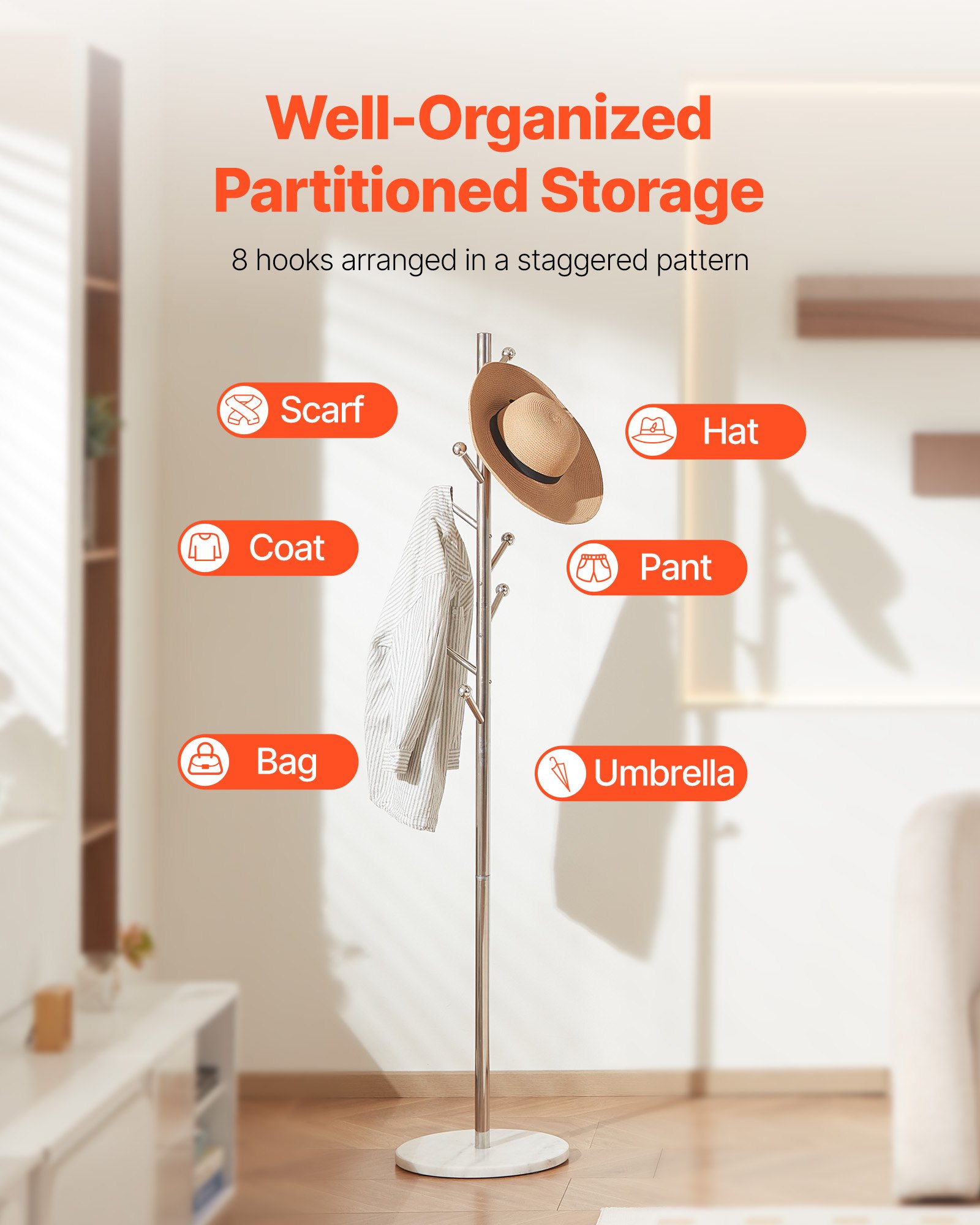 VEVOR Coat Rack, Freestanding Coats Rack Stand with Stable Marble Base & 8 Hooks, Free Standing Hall Coat Tree for Entryway, Bedroom, Office, Living Room, Modern Clothes Hanger for Coats, Hats, Bags