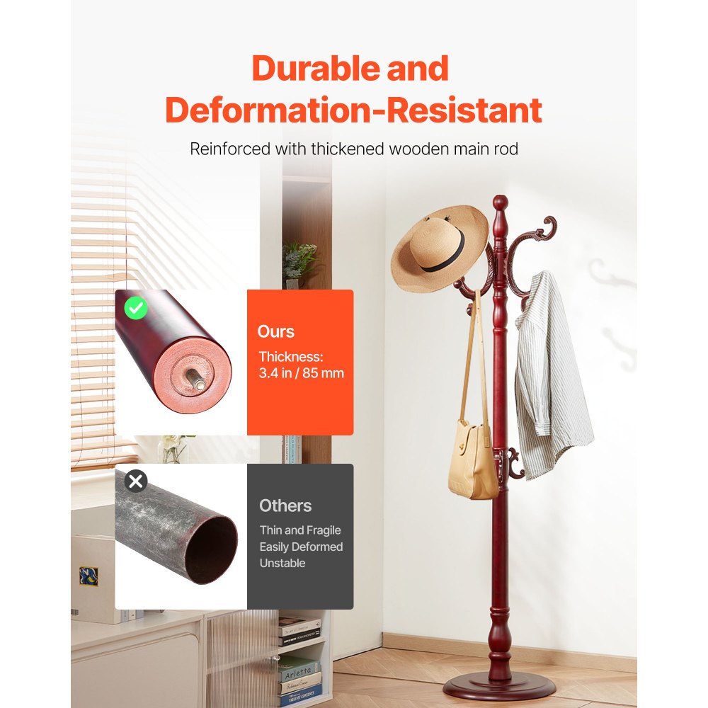 VEVOR Perchero de Pie Independiente de Madera con Base Pesada y 11 Ganchos, Ideal para Entrada, Dormitorio y Sala de Estar, Perchero Moderno para Abrigos, Sombreros y Bolsos, 420 x 420 x 1760 mm