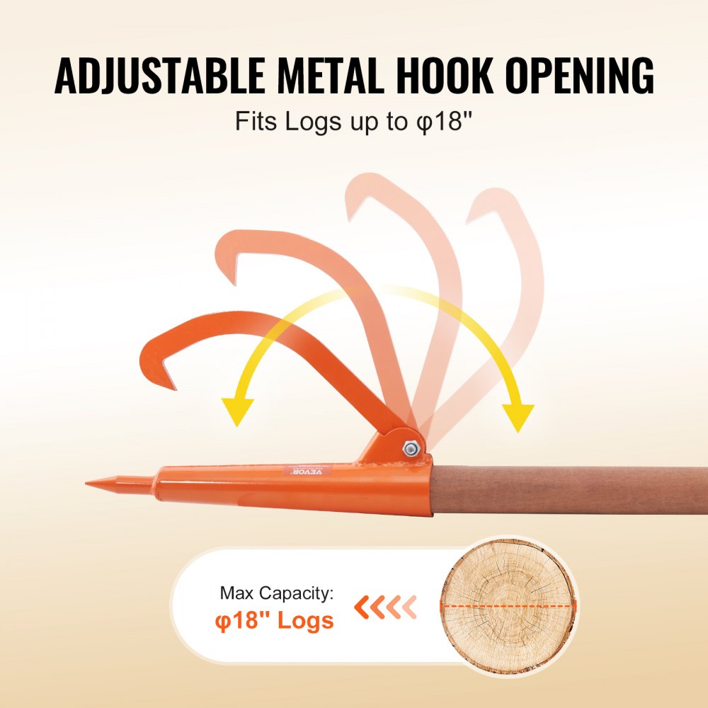 VEVOR Elevador de Troncos con Mango de Madera Recubierto de Goma de 1180mm Gato para Troncos de Diámetro de hasta 18" Gancho para Troncos Resistente a la Oxidación para Rodar, Elevar y Girar Troncos