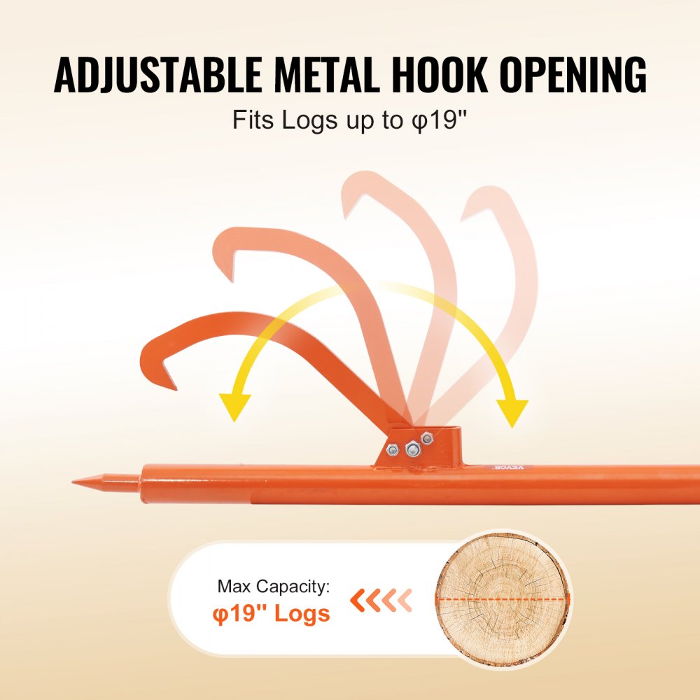 VEVOR Felling Lever, 1180 mm, Log Lifter with Metal Handle, Heavy-Duty Log Roller with Max. φ48cm Opening, Rust-Resistant Log Turner Tilting Hook, Felling Log Roller for Rolling, Lifting & Turning Logs
