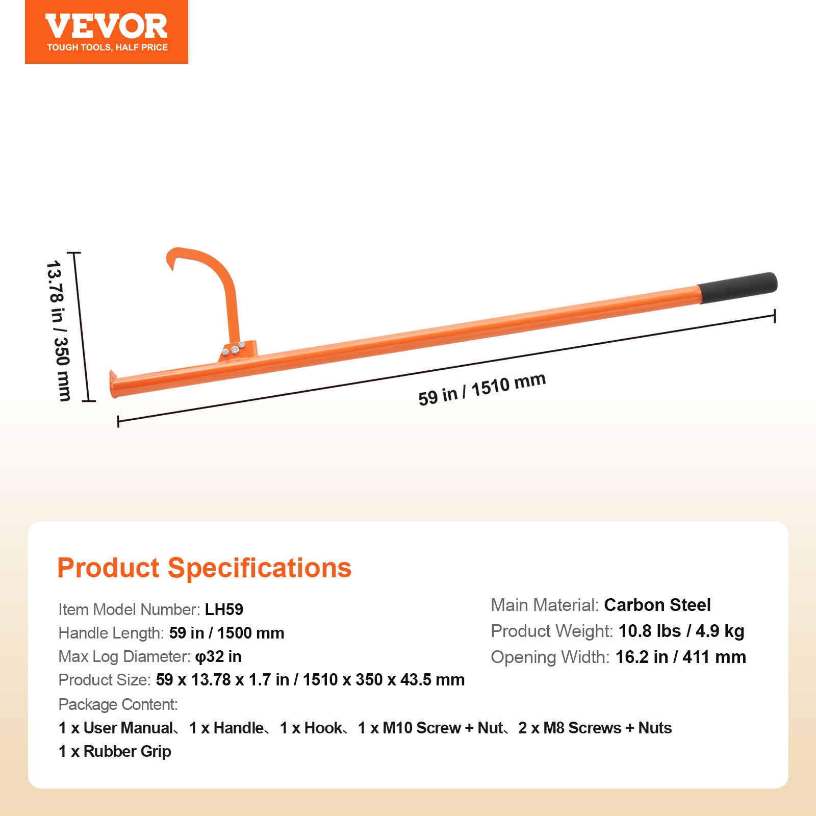 VEVOR Elevador de Troncos de Acero Resistente Mango de 1500 mm Gato para Troncos de Diámetro de hasta 32 pulgadas Herramienta de Gancho para Troncos de Doble Función para Enrollar y Sujetar Troncos