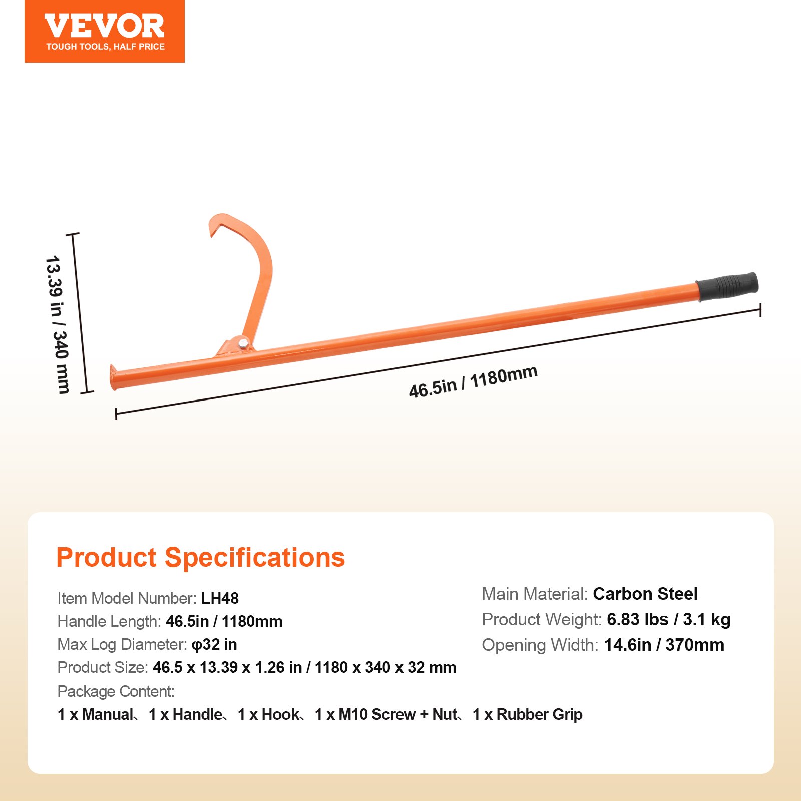 VEVOR Elevador de Troncos de Acero Resistente Mango de 1180 mm Gato para Troncos de Diámetro de hasta 32 pulgadas Herramienta de Gancho para Troncos de Doble Función para Enrollar y Sujetar Troncos