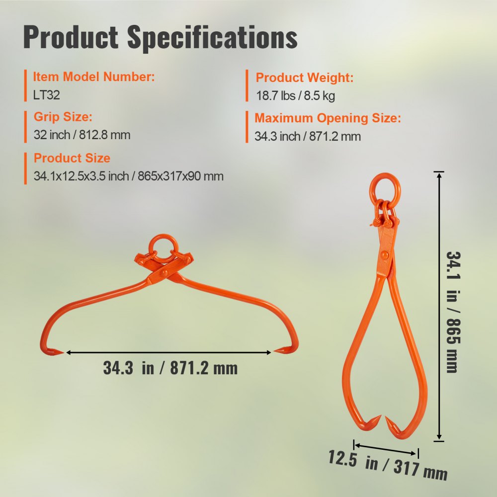 VEVOR Pinzas para Arrastrar Troncos 812,8 mm Pinzas de Elevación para Troncos Ganchos 2 Garras Capacidad de Carga de 700kg Pinzas para Levantar Troncos de Acero para Manipulación, Arrastre, Transporte