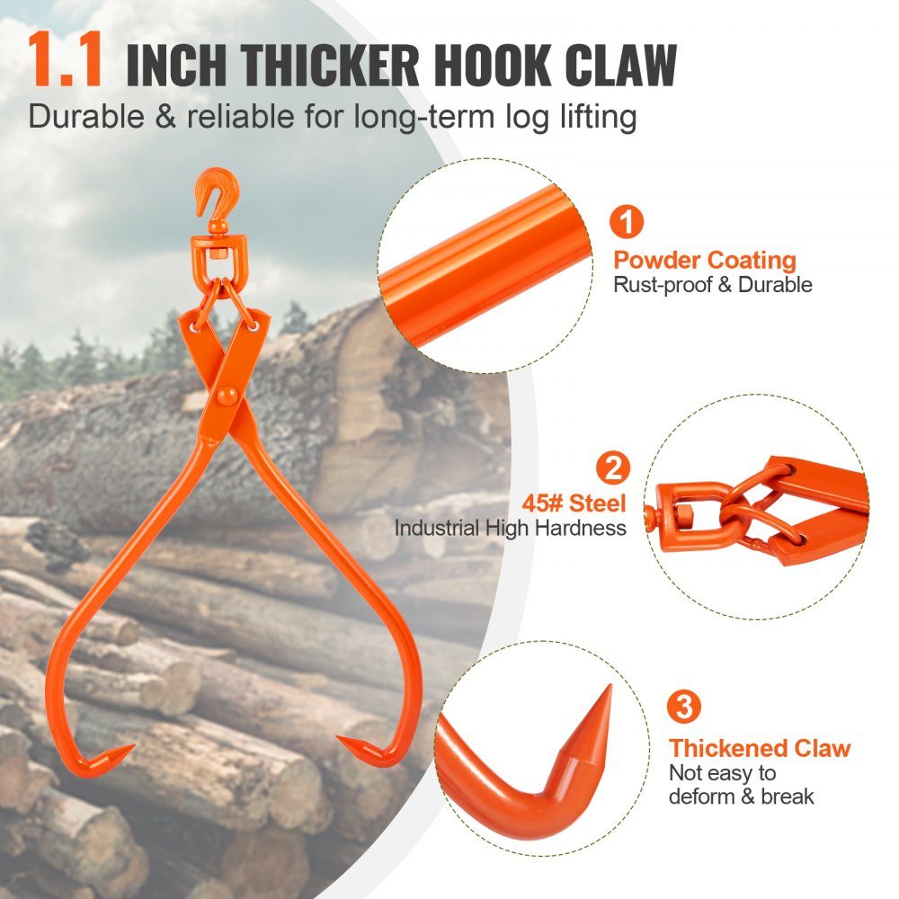VEVOR Pinza Forestal para Troncos 812,8mm Pinza de Elevación para Troncos de Madera Ganchos Giratorios 2 Garras Capacidad 700 kg Pinza de Madera de Acero Herramienta Forestal para Arrastre, Transporte