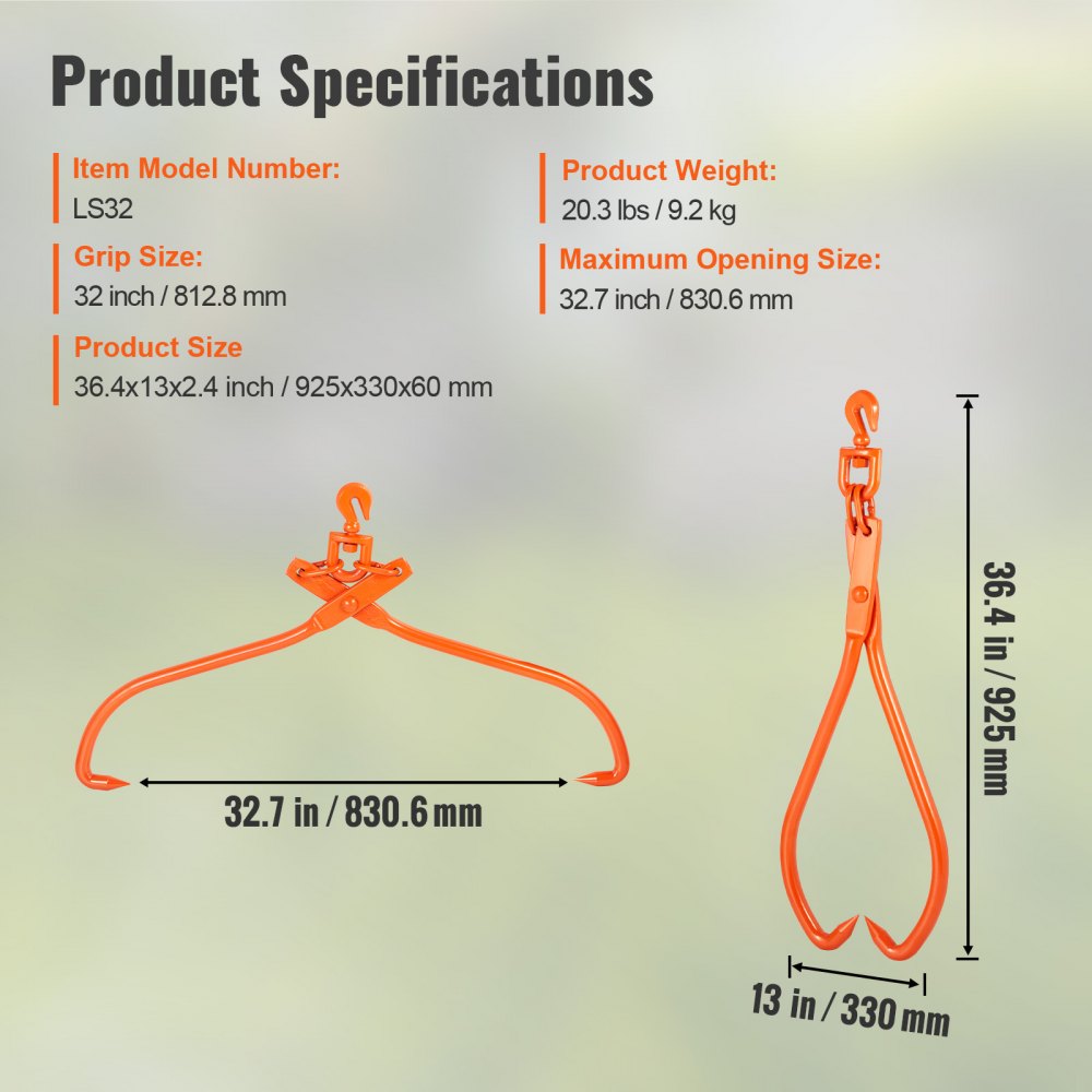 VEVOR Pinza Forestal para Troncos 812,8mm Pinza de Elevación para Troncos de Madera Ganchos Giratorios 2 Garras Capacidad 700 kg Pinza de Madera de Acero Herramienta Forestal para Arrastre, Transporte