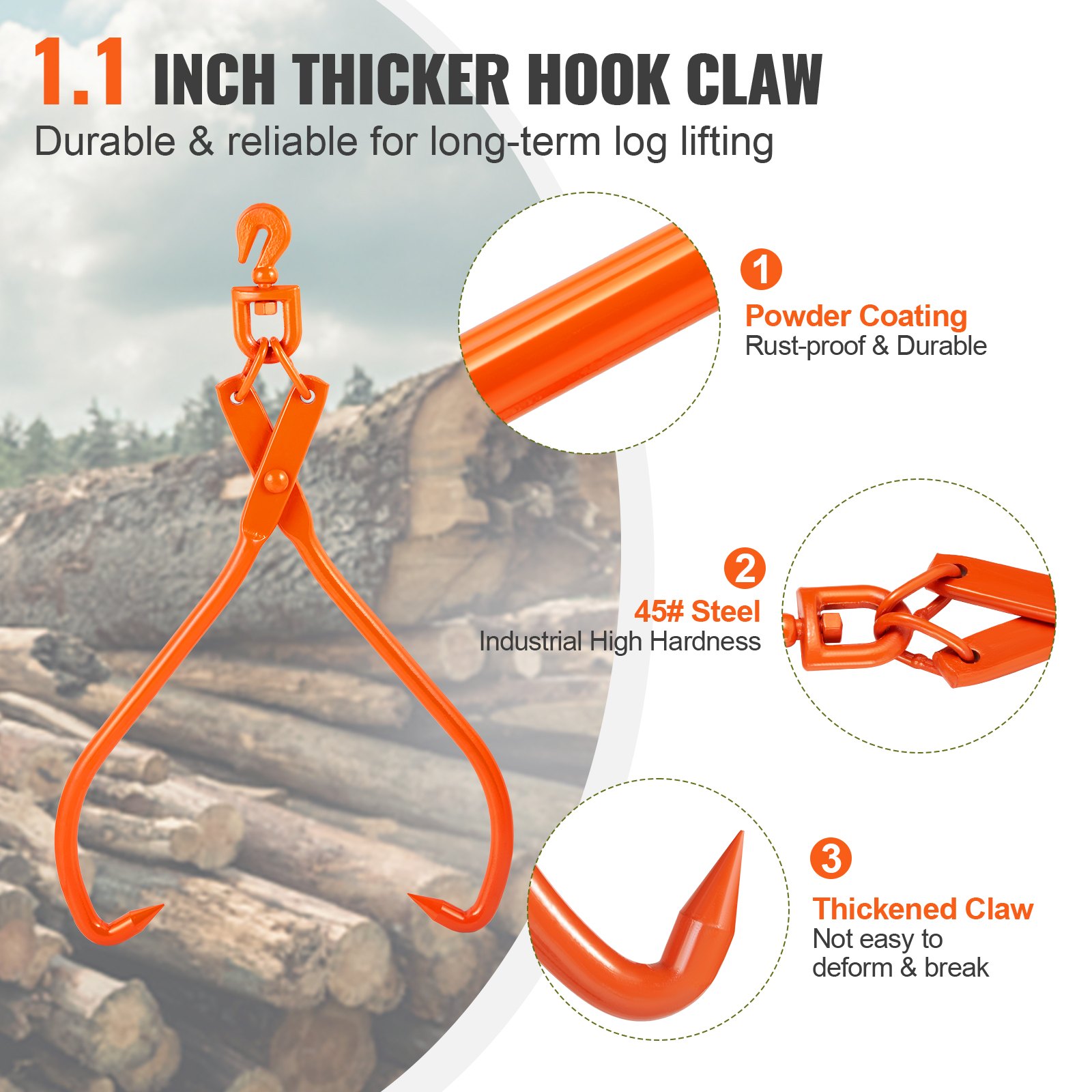 VEVOR Pinza Forestal para Troncos 812,8mm Pinza de Elevación para Troncos de Madera Ganchos Giratorios 2 Garras Capacidad 700 kg Pinza de Madera de Acero Herramienta Forestal para Arrastre, Transporte