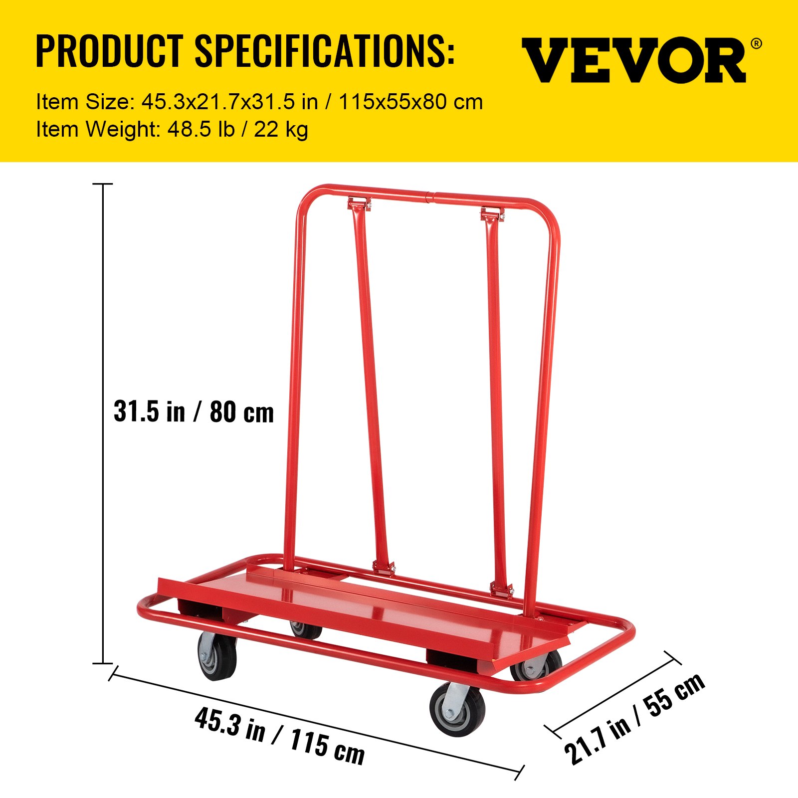 VEVOR Carro Transportador con Carga de 2200 Libras con Material de Hierro, Carro de Carga con 4 Ruedas 115×55×80 cm, Carro de Panel Rojo para Transportar Paneles de Yeso, Madera Contrachapada, Yeso
