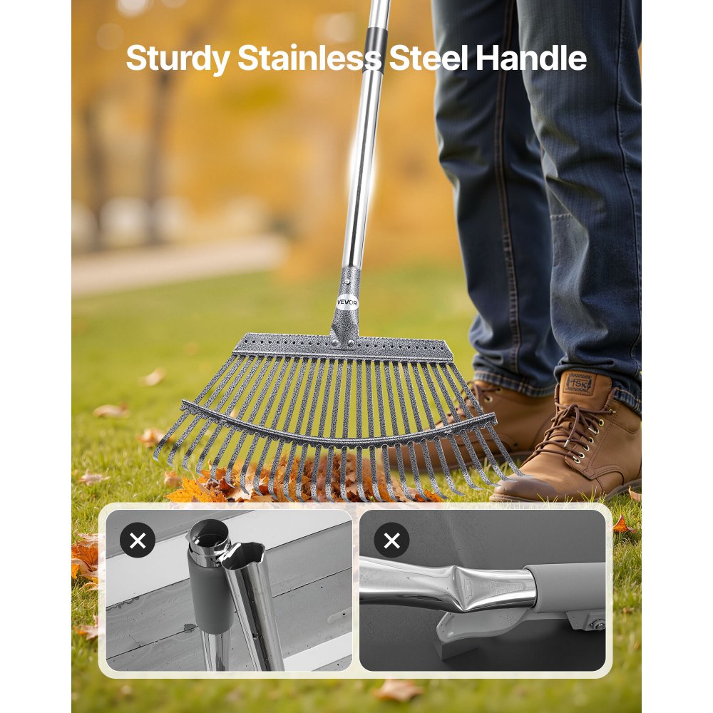 VEVOR Rastrillo de Hojas, 25 Púas Metálicas, Rastrillo de Jardín para Césped con Cabezal de 465 mm de Ancho y Pértiga Ajustable de 92,5-185 cm Herramienta para Quitar Hojas en Jardinería y Césped