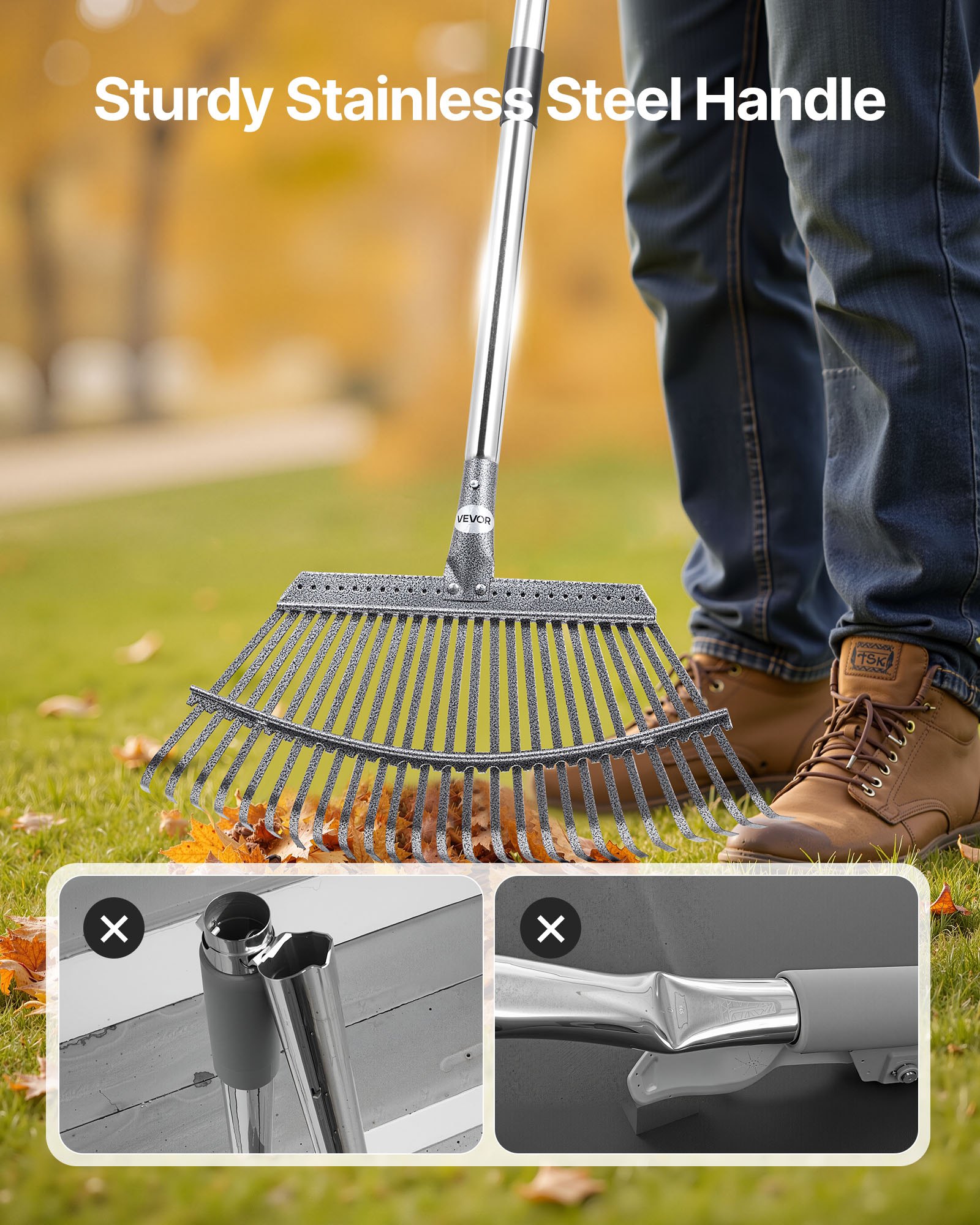 VEVOR Rastrillo de Hojas, 25 Púas Metálicas, Rastrillo de Jardín para Césped con Cabezal de 465 mm de Ancho y Pértiga Ajustable de 92,5-185 cm Herramienta para Quitar Hojas en Jardinería y Césped