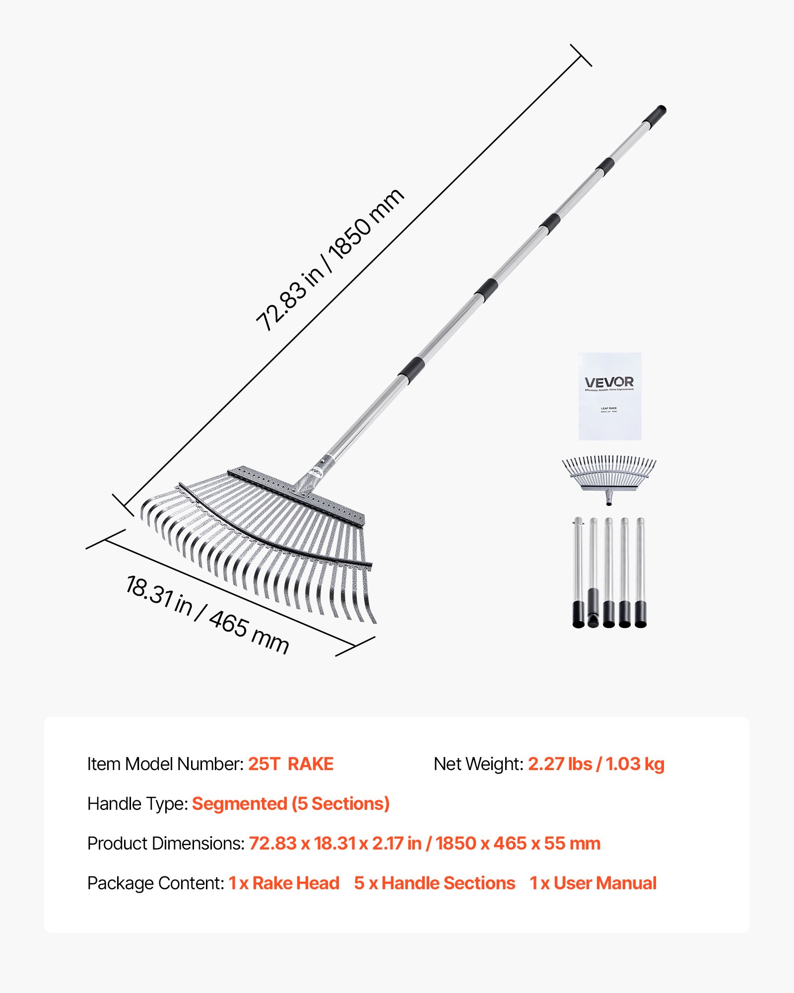 VEVOR Rastrillo de Hojas, 25 Púas Metálicas, Rastrillo de Jardín para Césped con Cabezal de 465 mm de Ancho y Pértiga Ajustable de 92,5-185 cm Herramienta para Quitar Hojas en Jardinería y Césped