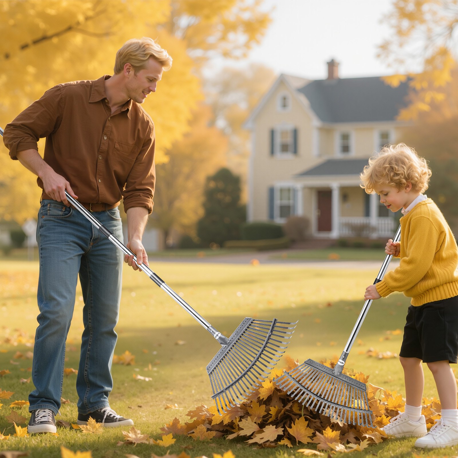 VEVOR Rastrillo de Hojas, 25 Púas Metálicas, Rastrillo de Jardín para Césped con Cabezal de 465 mm de Ancho y Pértiga Ajustable de 92,5-185 cm Herramienta para Quitar Hojas en Jardinería y Césped