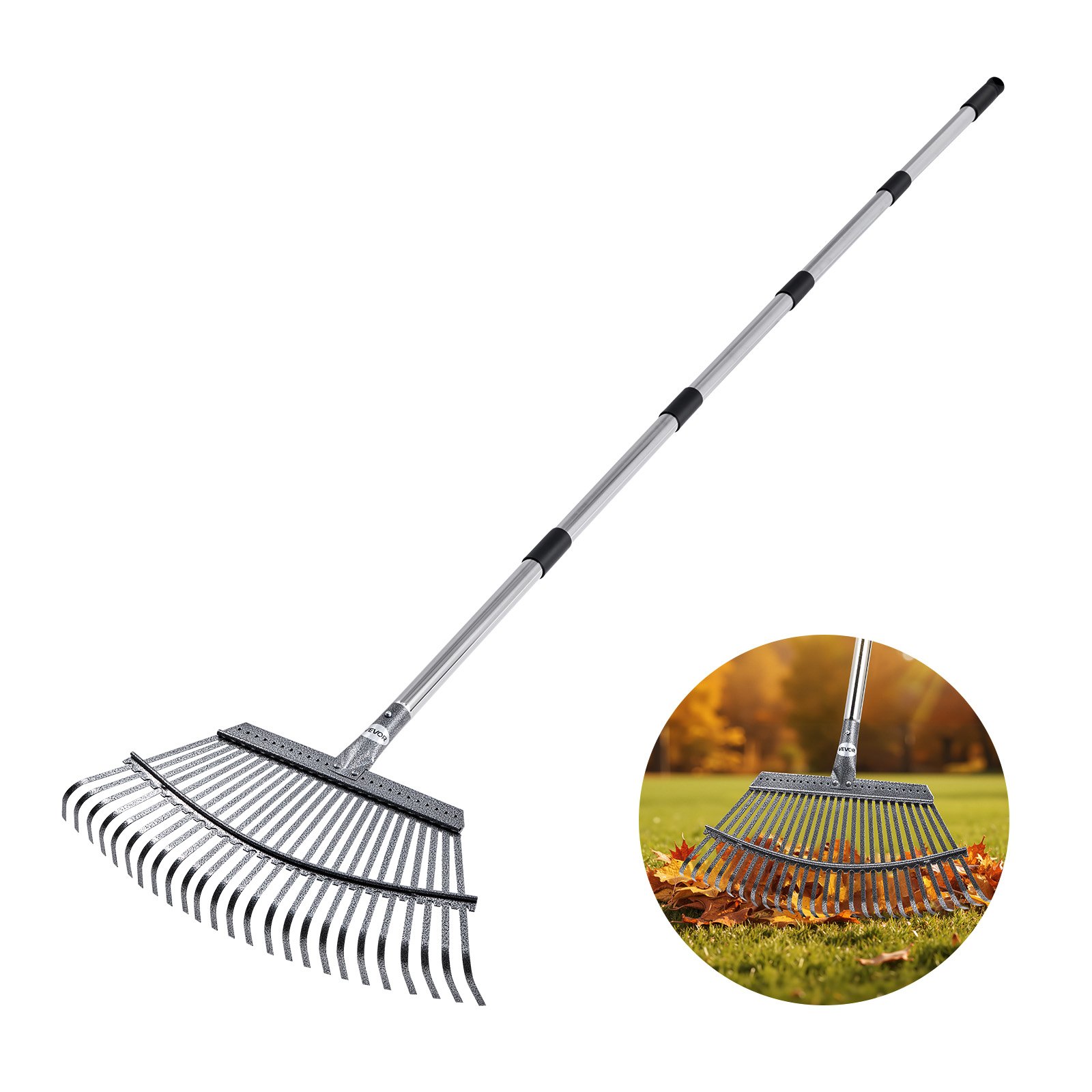 VEVOR Rastrillo de Hojas, 25 Púas Metálicas, Rastrillo de Jardín para Césped con Cabezal de 465 mm de Ancho y Pértiga Ajustable de 92,5-185 cm Herramienta para Quitar Hojas en Jardinería y Césped