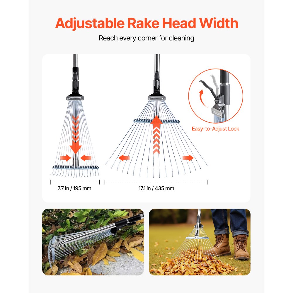 VEVOR Rastrillo de Hojas, 18 Púas Metálicas, Rastrillo Ajustable de Jardín con Cabezal de 195-435 mm de Ancho y Mango de 820-1415 mm, Herramienta para Quitar Hojas en Jardinería, Patio, Césped