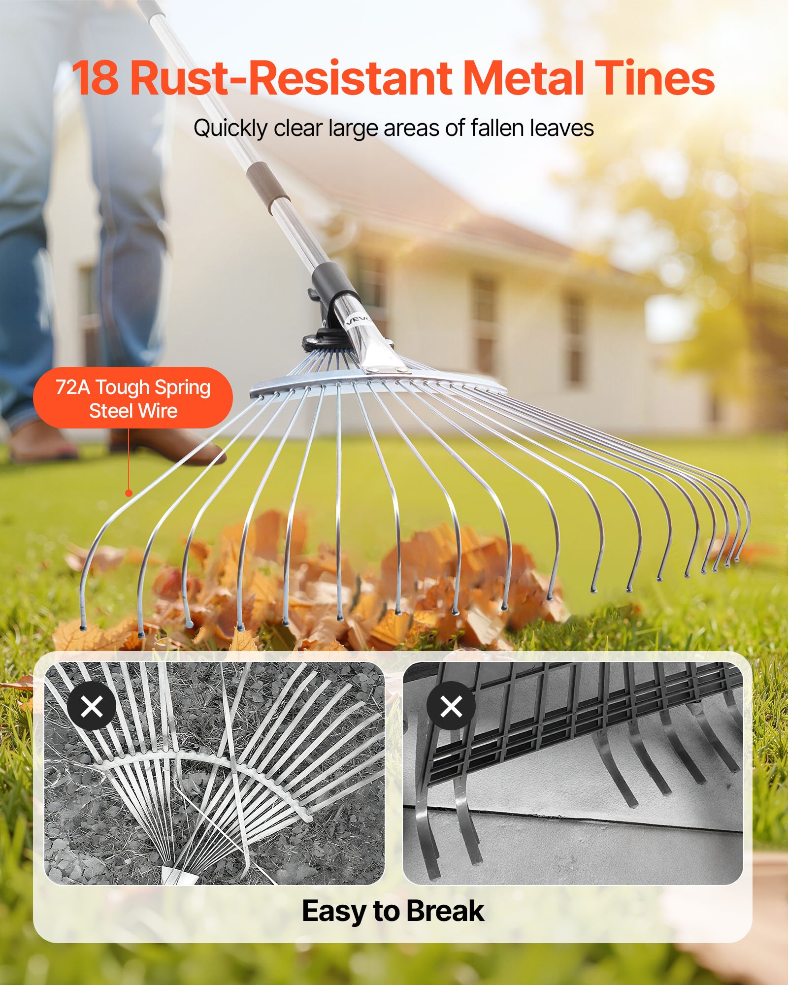 VEVOR Rastrillo de Hojas, 18 Púas Metálicas, Rastrillo Ajustable de Jardín con Cabezal de 195-435 mm de Ancho y Mango de 820-1415 mm, Herramienta para Quitar Hojas en Jardinería, Patio, Césped