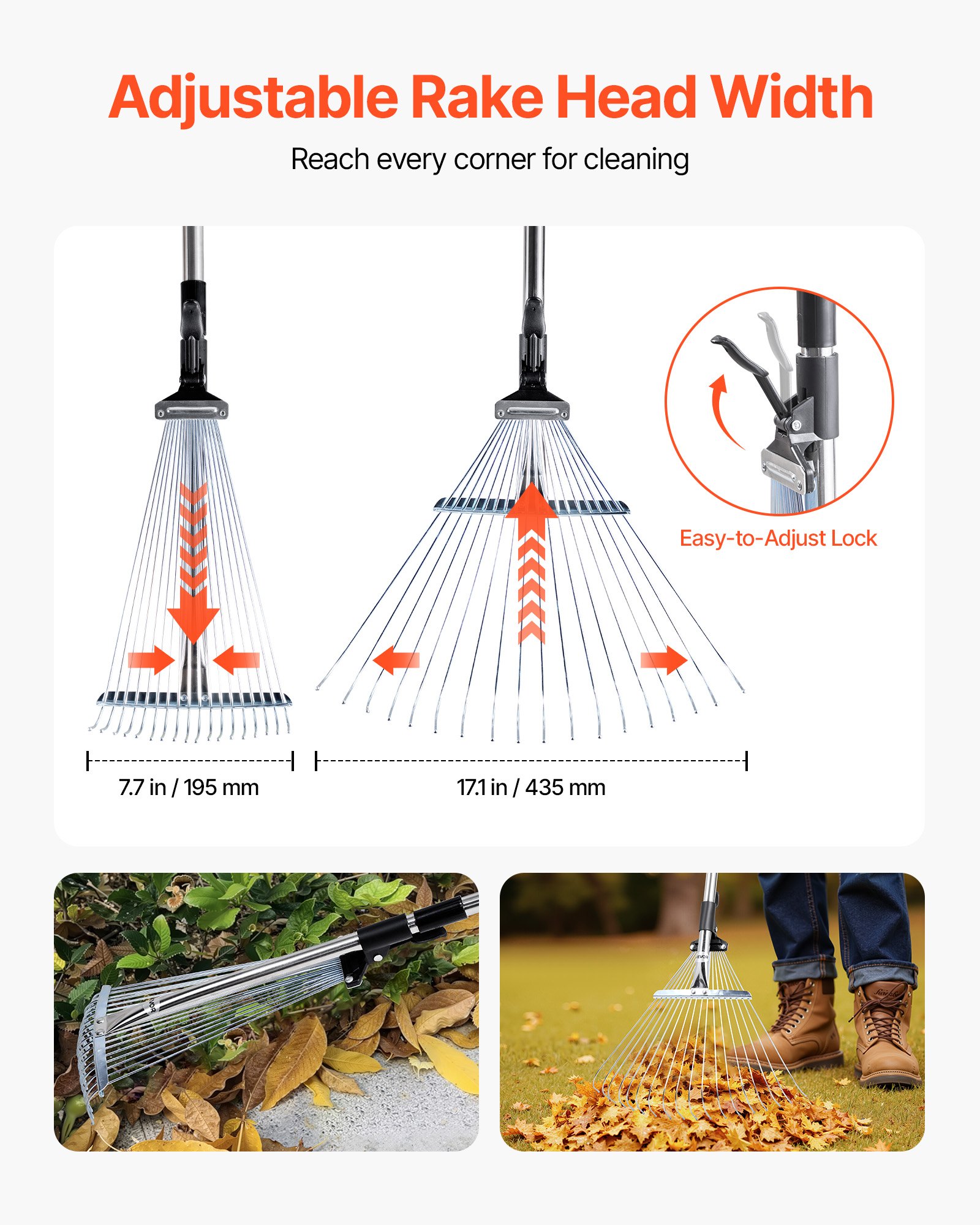 VEVOR Rastrillo de Hojas, 18 Púas Metálicas, Rastrillo Ajustable de Jardín con Cabezal de 195-435 mm de Ancho y Mango de 820-1415 mm, Herramienta para Quitar Hojas en Jardinería, Patio, Césped