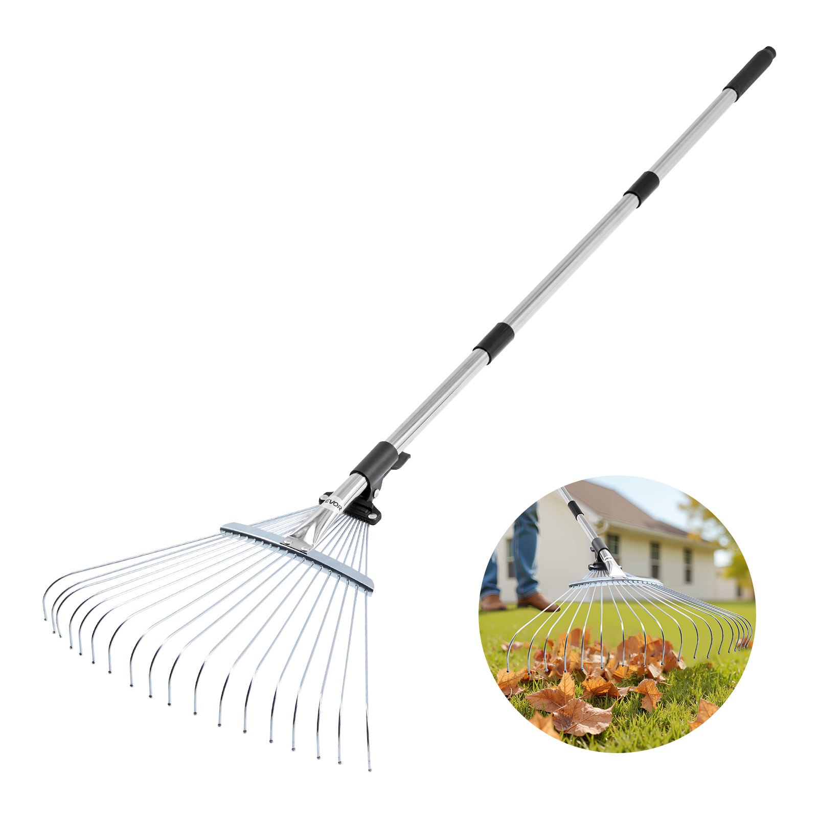VEVOR Rastrillo de Hojas, 18 Púas Metálicas, Rastrillo Ajustable de Jardín con Cabezal de 195-435 mm de Ancho y Mango de 820-1415 mm, Herramienta para Quitar Hojas en Jardinería, Patio, Césped