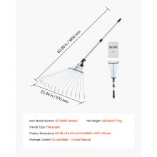 VEVOR Rastrillo de Hojas, 15 Púas Metálicas, Rastrillo Ajustable de Jardín con Cabezal de 19-57 cm de Ancho y Mango de 81-160 cm, Herramienta para Quitar Hojas en Jardinería, Patio, Césped