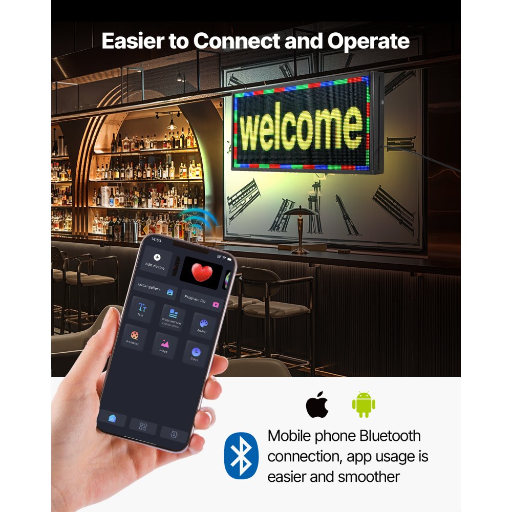 VEVOR Letrero LED Programable 67 x 35 cm Panel Digital Flexible Desplazable a Todo Color Tablero de Visualización con Patrón de Texto Personalizado Control de Aplicación Bluetooth para Publicidad