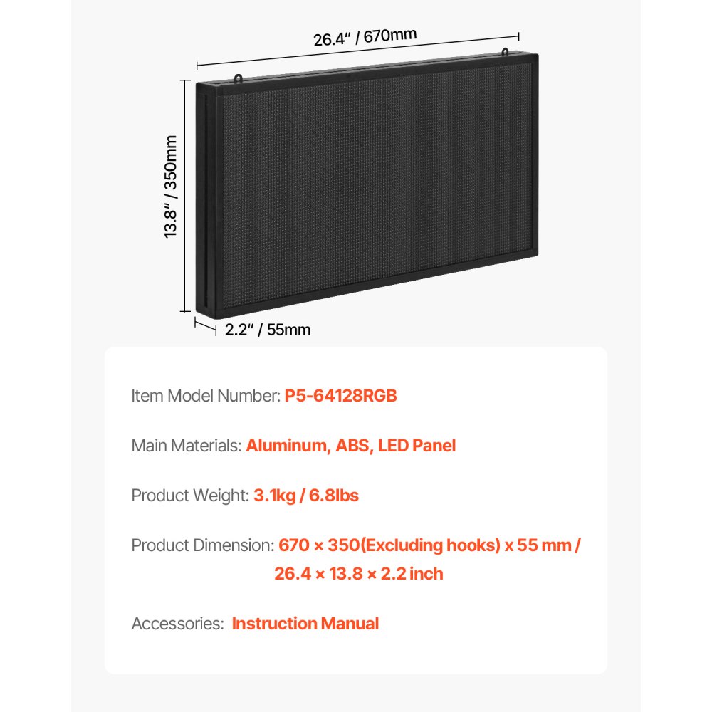 VEVOR Letrero LED Programable 67 x 35 cm Panel Digital Flexible Desplazable a Todo Color Tablero de Visualización con Patrón de Texto Personalizado Control de Aplicación Bluetooth para Publicidad