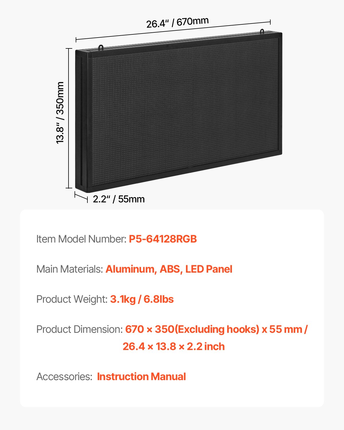 VEVOR Letrero LED Programable 67 x 35 cm Panel Digital Flexible Desplazable a Todo Color Tablero de Visualización con Patrón de Texto Personalizado Control de Aplicación Bluetooth para Publicidad