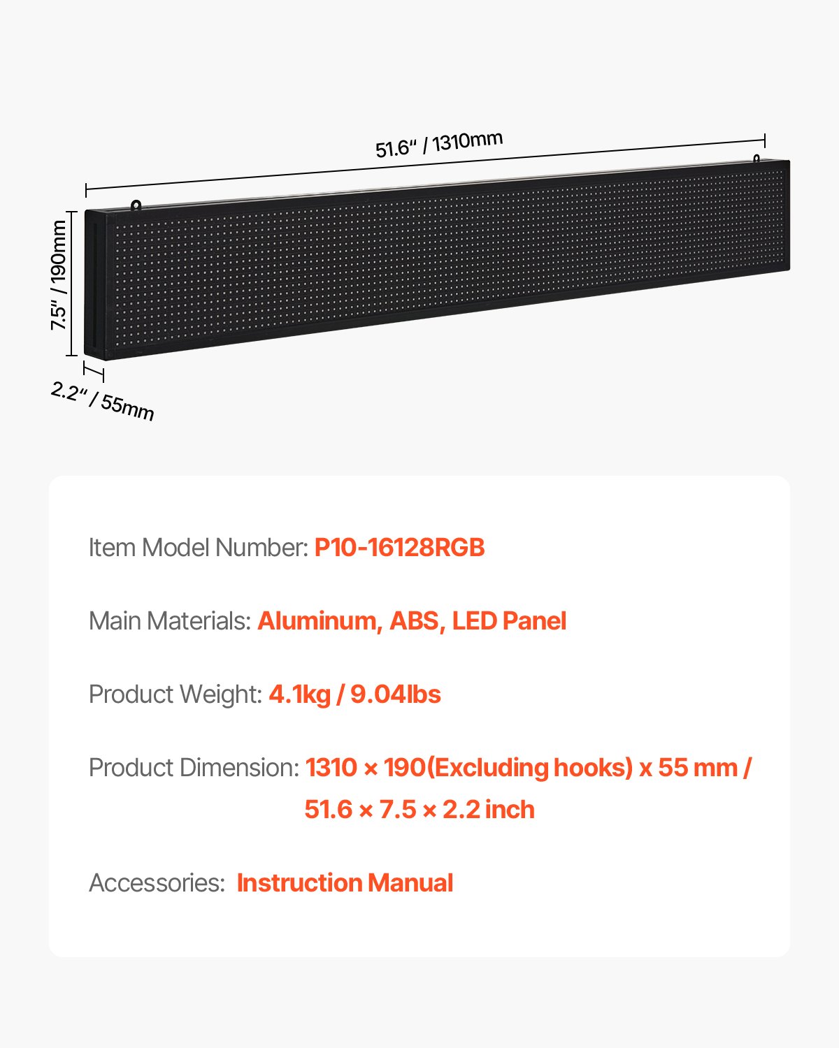 VEVOR Letrero LED Programable 131 x 19 cm Panel Digital Flexible Desplazable a Todo Color Tablero de Visualización con Patrón de Texto Personalizado Control de Aplicación Bluetooth para Publicidad