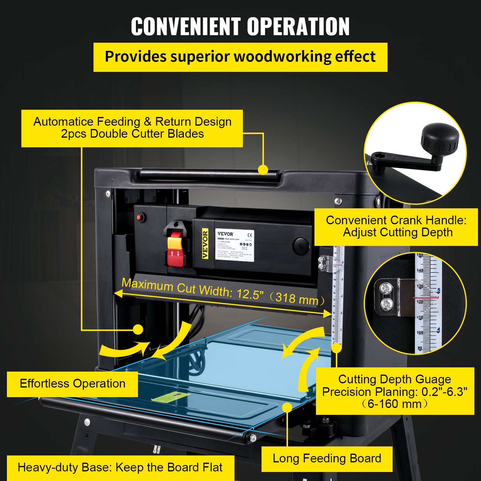 VEVOR Cepilladora para Carpintería de 12.5" 1500W Cepilladora de Madera