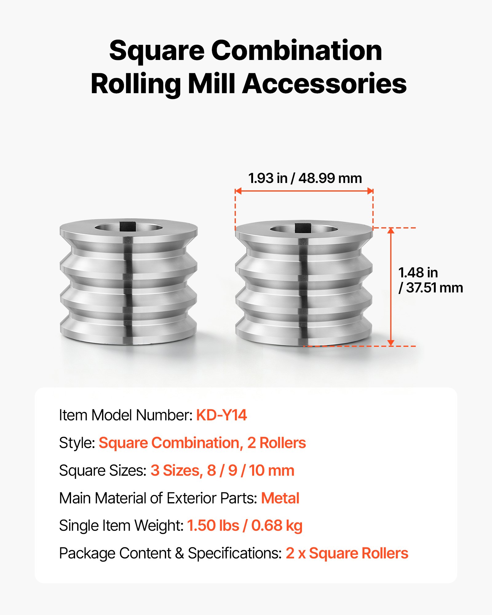 VEVOR 2 Rodillos de Recambio para Máquina de Laminación de Joyería Cuadrado, Accesorios de Repuesto para Laminadora para Fabricar Anillos Pulseras Collares, 3 Tamaños 8/9/10 mm, Ranuras Cuadradas