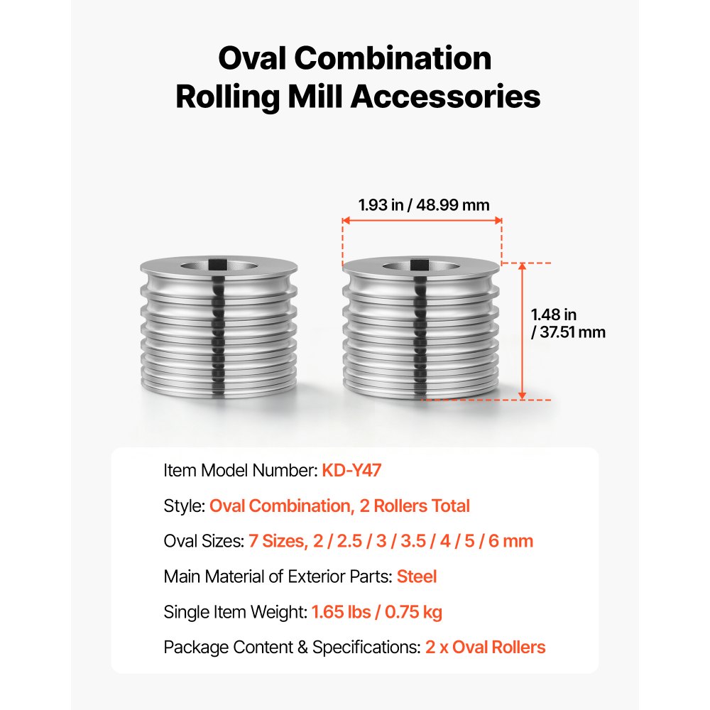 VEVOR Rodillo de Repuesto para Máquina de Laminación de Joyería 2 Piezas, Accesorio de Recambio para Laminadora, 7 Tamaños 2/2,5/3/3,5/4/5/6 mm, Forma Ovalada, Acero Aleado, para Oro Plata Metales