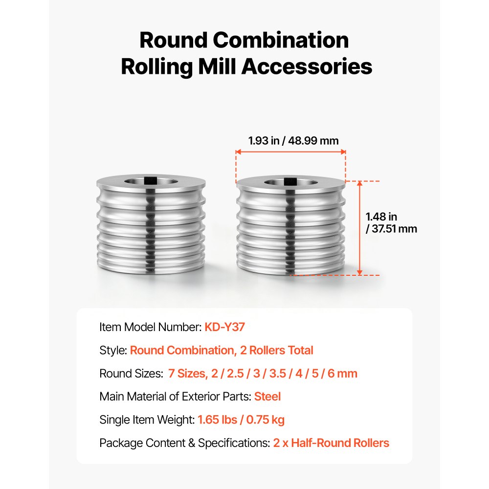 VEVOR Rodillo de Recambio para Máquina de Laminación de Joyería 2 Piezas, Accesorio de Repuesto para Laminadora, 7 Tamaños 2/2,5/3/3,5/4/5/6 mm, Ranuras Redondas, Acero Aleado, para Oro Plata Joyas