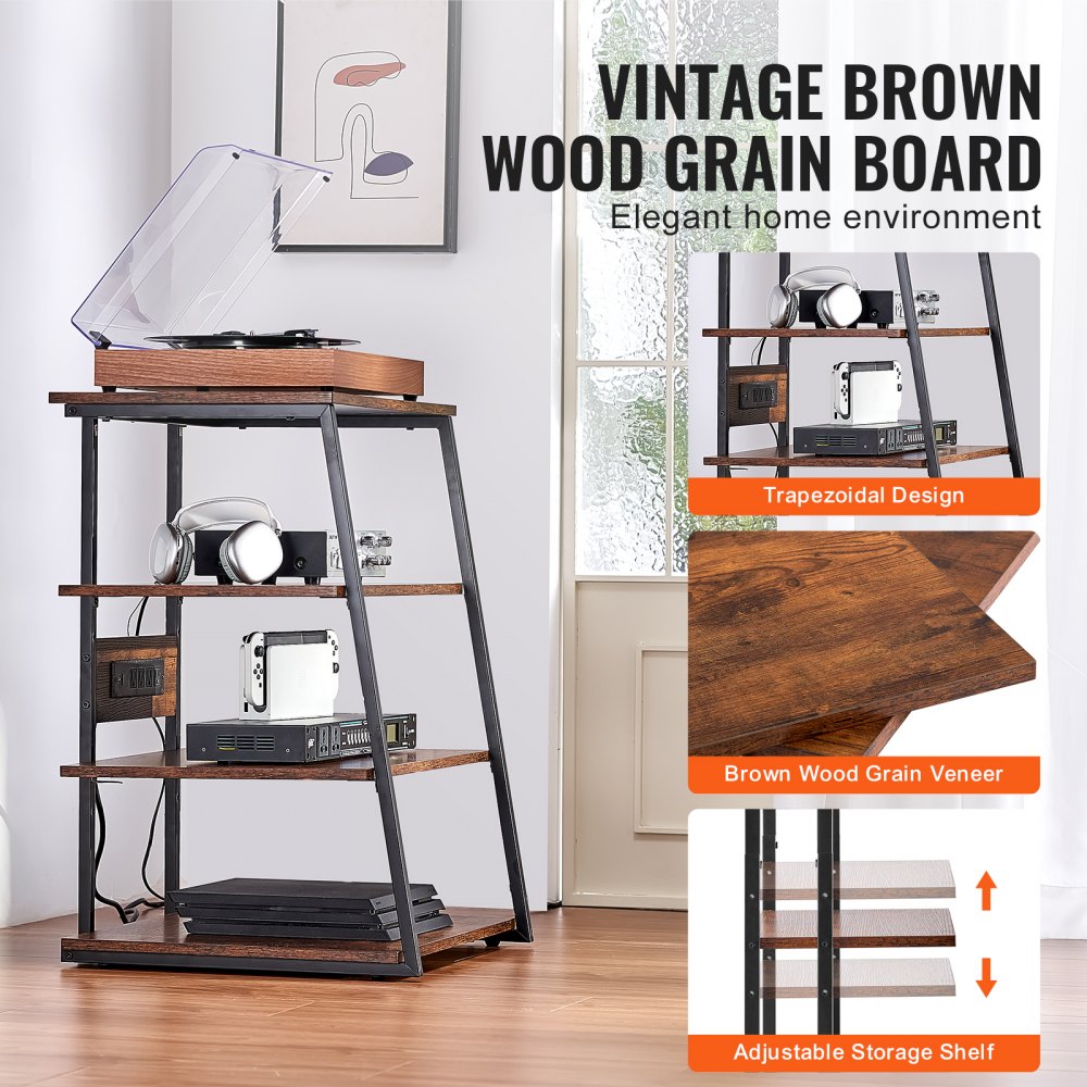 VEVOR Soporte de TV de esquina de 4 niveles con regletas de enchufes, estantes de madera de altura ajustable para reproductores de DVD, decodificadores de cable y consolas de juegos, color marrón