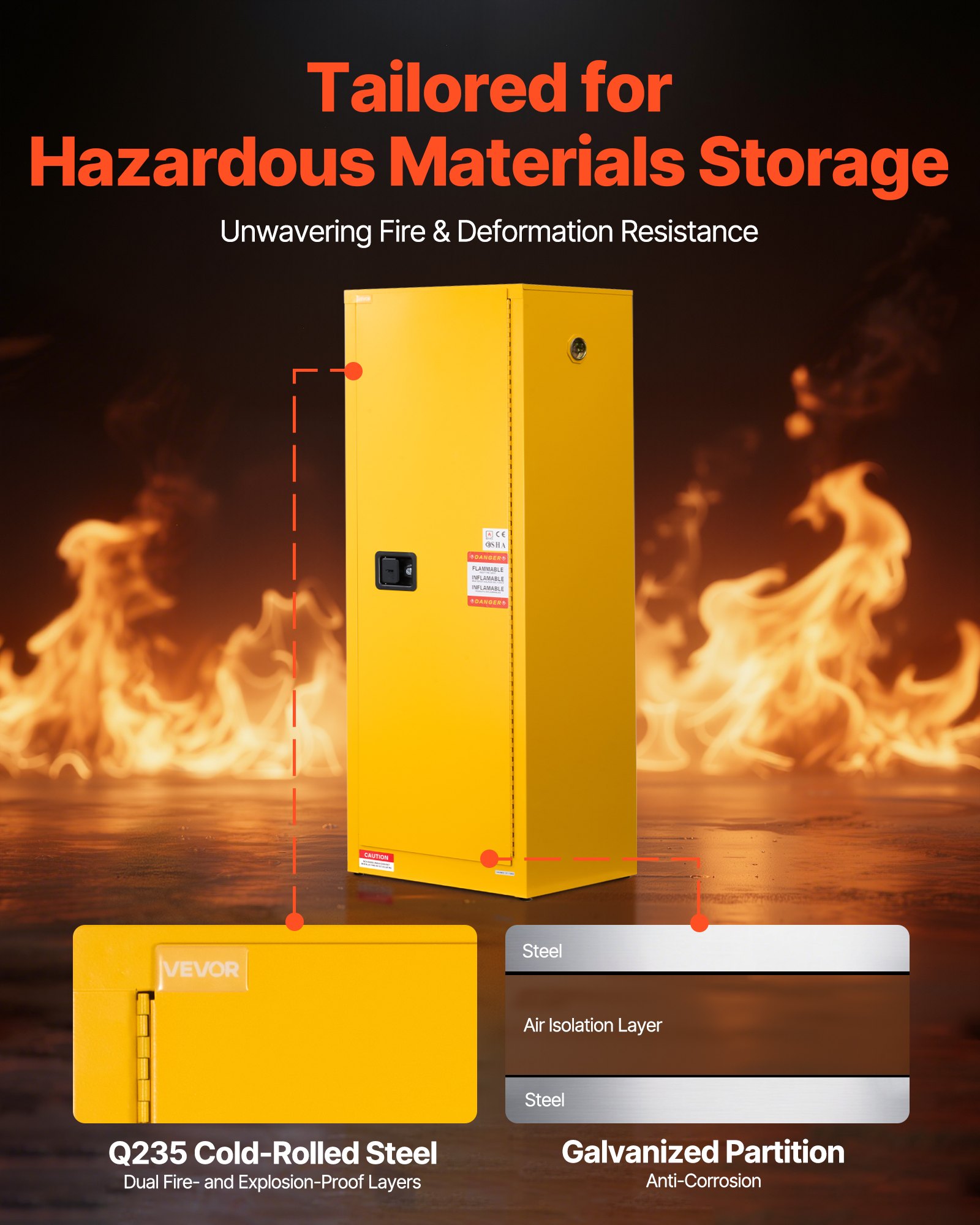 VEVOR Flammable Cabinet, 59 x 46 x 165.1 cm, 23 Gallon Flammable Storage Cabinet with Adjustable Shelf, Cold-Rolled and Galvanized Steel Fire Cabinets, for Commercial Industrial and Home Use, Yellow