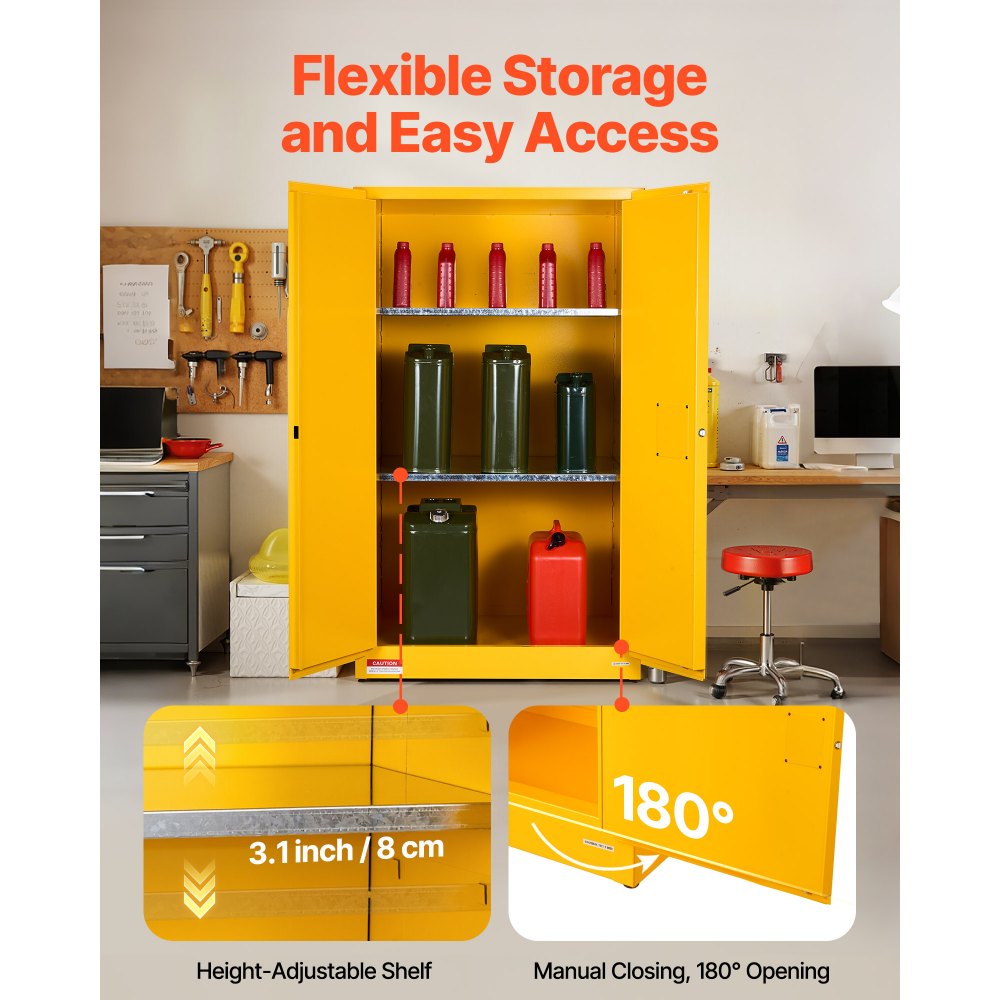 VEVOR Gabinete para Materiales Inflamables, Gabinete Ignífugo 96,4 x 86,4 x 165,1 cm de 246 L de Acero Laminado en Frío y Galvanizado con Estante Ajustable para Uso Comercial/Doméstico, Amarillo